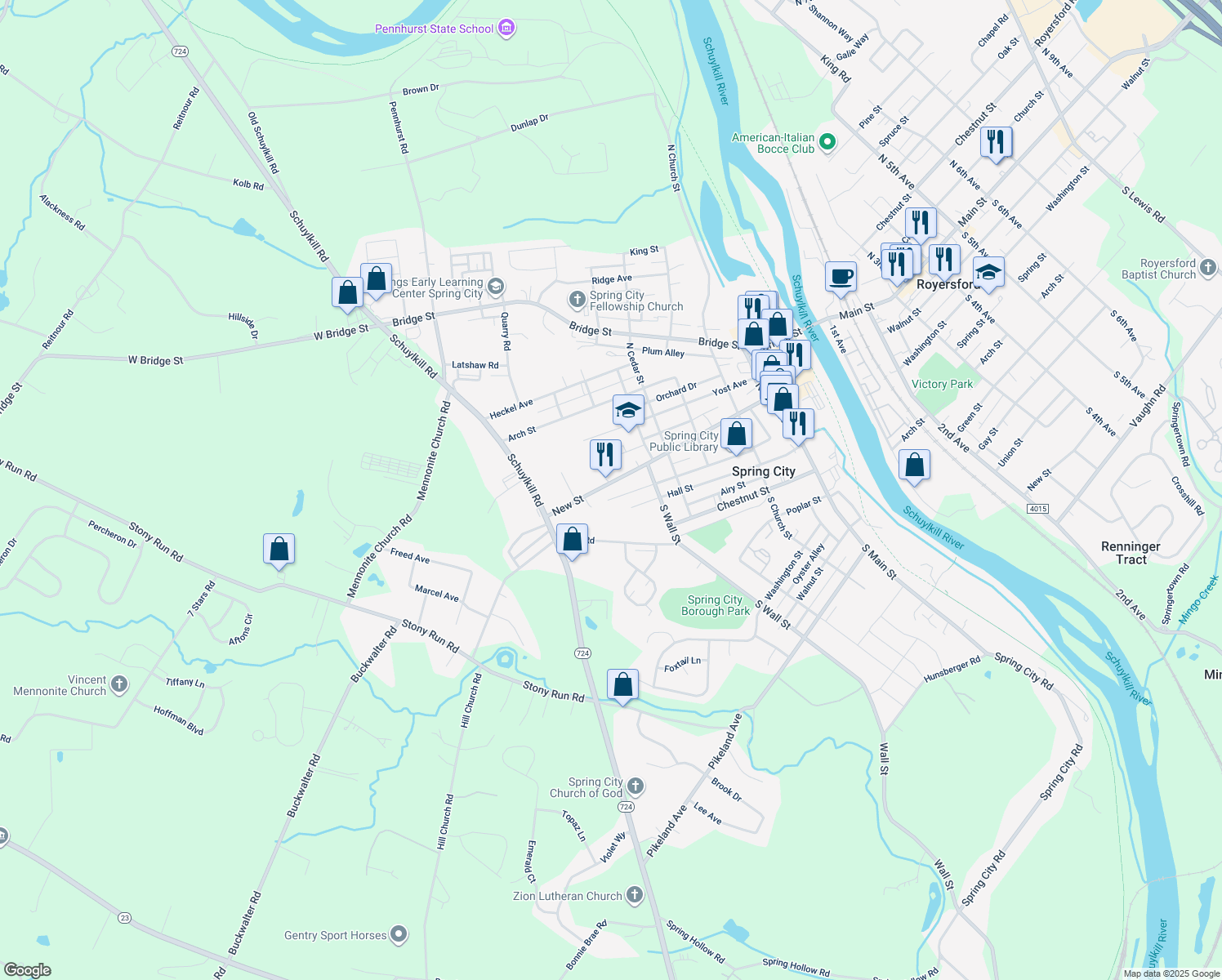 map of restaurants, bars, coffee shops, grocery stores, and more near 622 New Street in Spring City