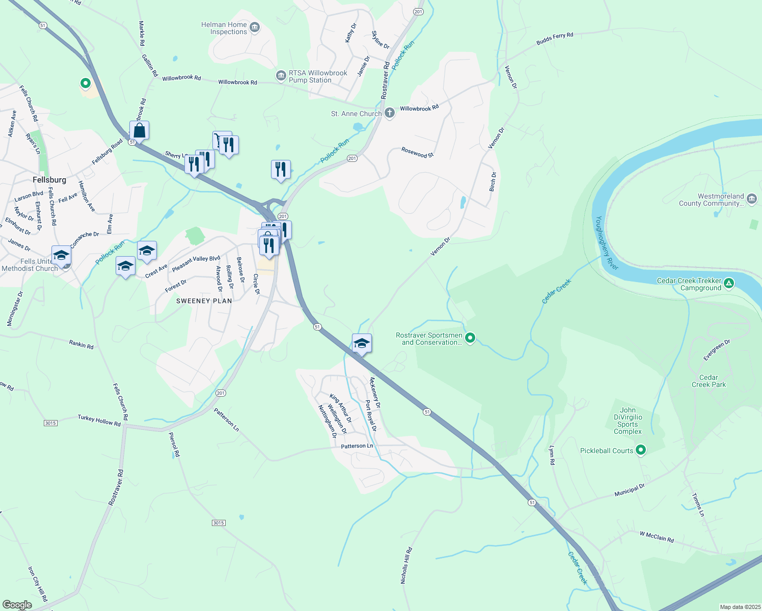 map of restaurants, bars, coffee shops, grocery stores, and more near 953 Vernon Drive in Belle Vernon