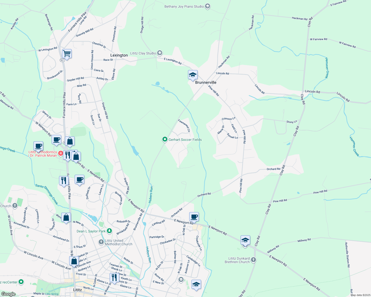 map of restaurants, bars, coffee shops, grocery stores, and more near 20 Knollwood Dr in Lititz