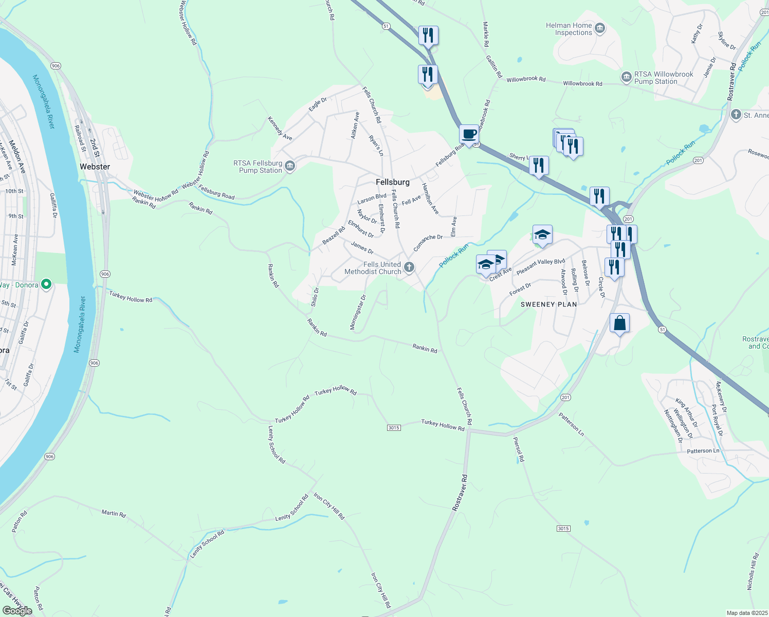 map of restaurants, bars, coffee shops, grocery stores, and more near 1 Harvest Moon Lane in Belle Vernon