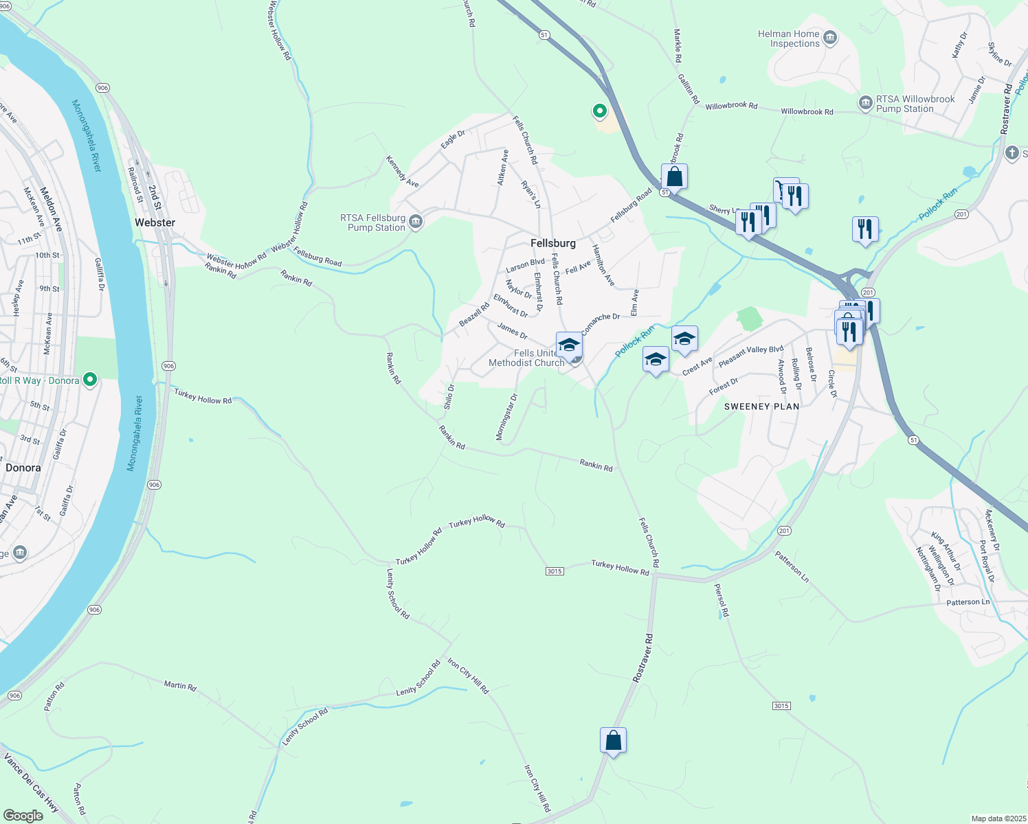 map of restaurants, bars, coffee shops, grocery stores, and more near 137 Morningstar Drive in Belle Vernon