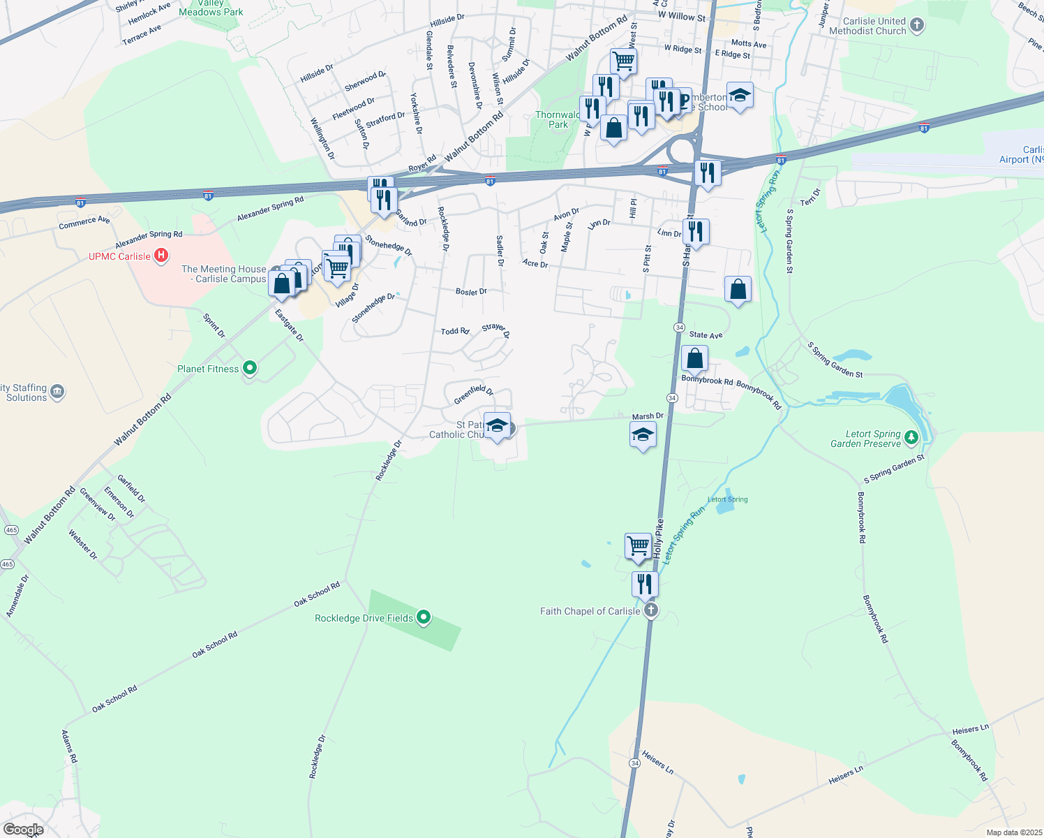 map of restaurants, bars, coffee shops, grocery stores, and more near 82 Marsh Dr in Carlisle