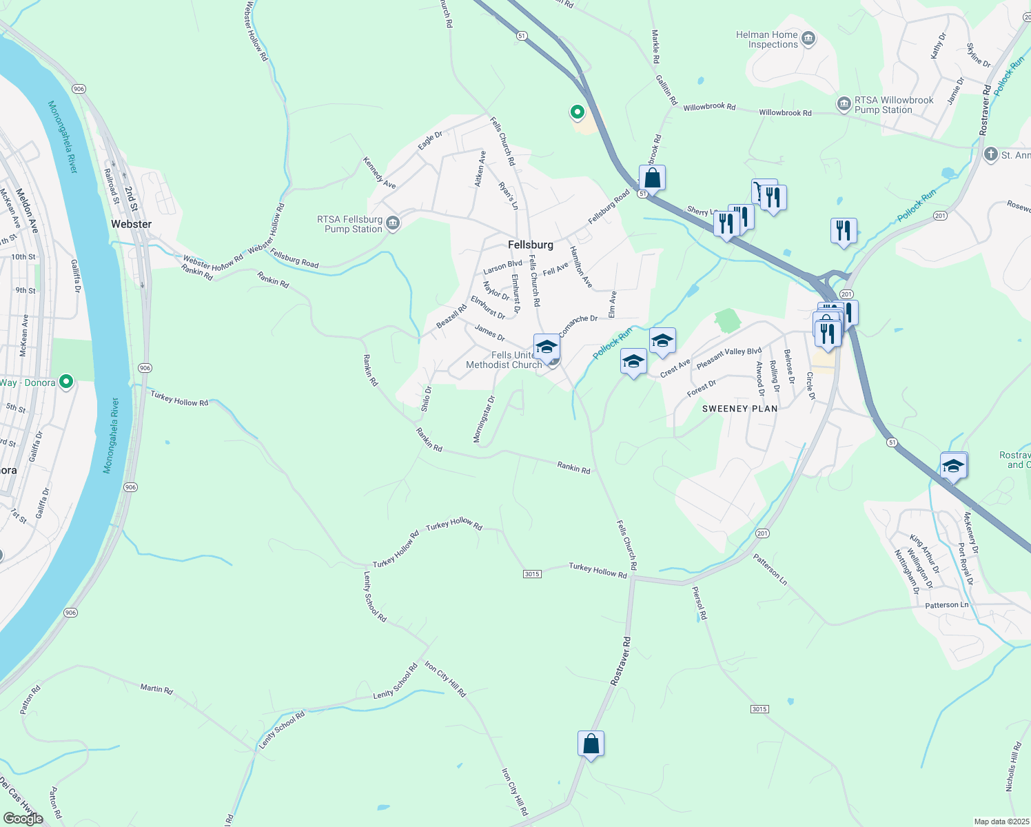 map of restaurants, bars, coffee shops, grocery stores, and more near 1 Harvest Moon Lane in Belle Vernon