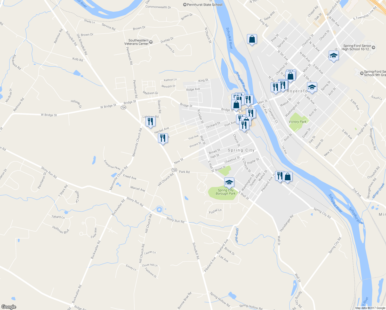 map of restaurants, bars, coffee shops, grocery stores, and more near 620 New Street in Spring City