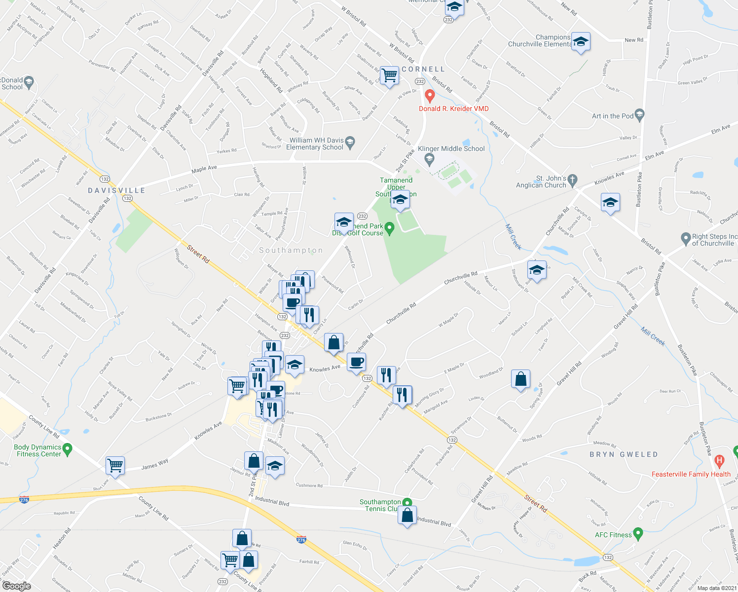 map of restaurants, bars, coffee shops, grocery stores, and more near 1000 Carlin Drive in Southampton