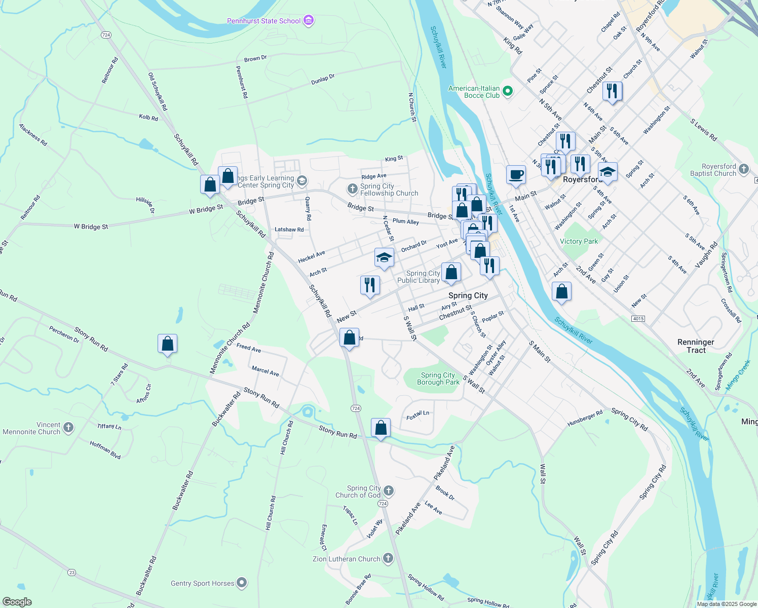 map of restaurants, bars, coffee shops, grocery stores, and more near 610 New Street in Spring City