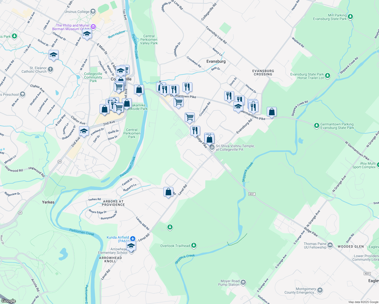 map of restaurants, bars, coffee shops, grocery stores, and more near 125 Lattice Lane in Collegeville
