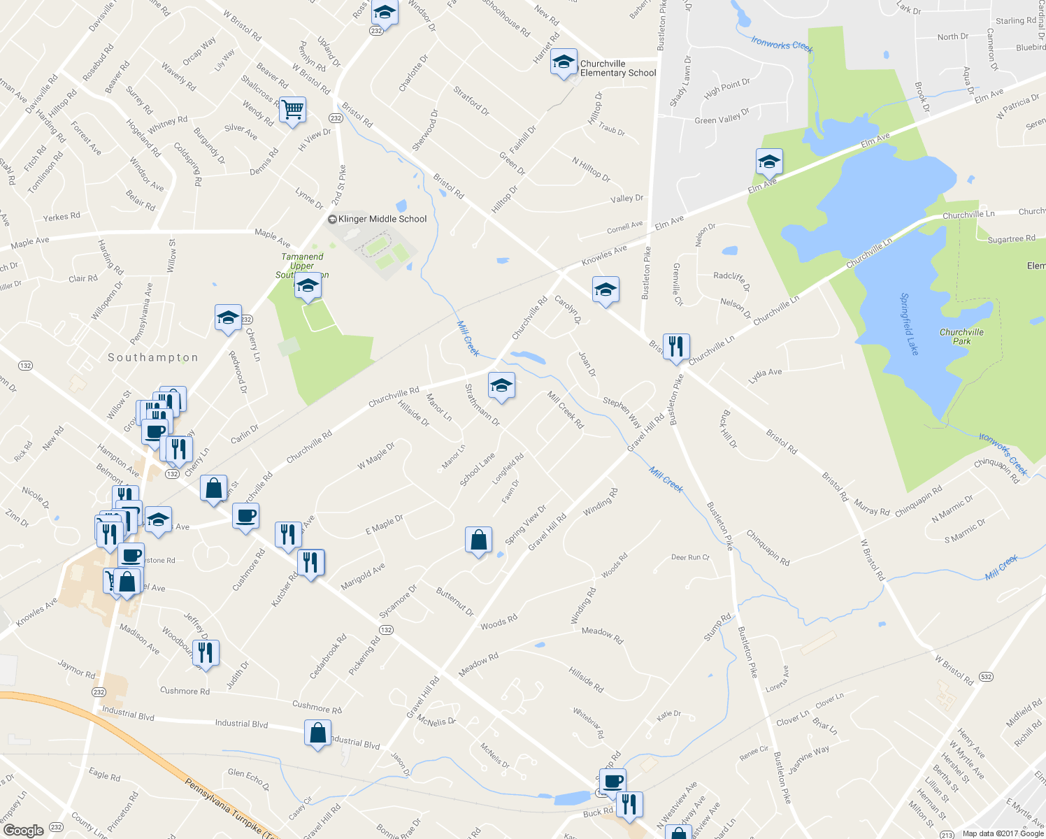 map of restaurants, bars, coffee shops, grocery stores, and more near 1370 Mill Creek Road in Churchville