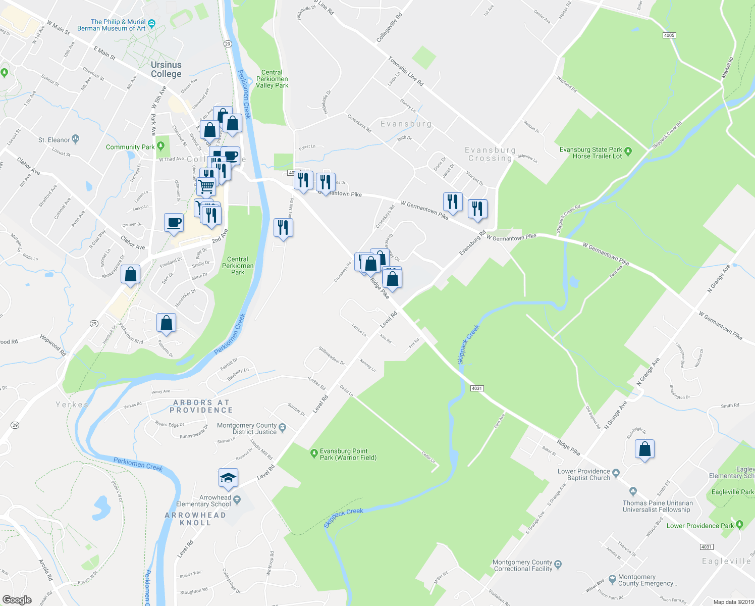 map of restaurants, bars, coffee shops, grocery stores, and more near 100 Lattice Lane in Collegeville