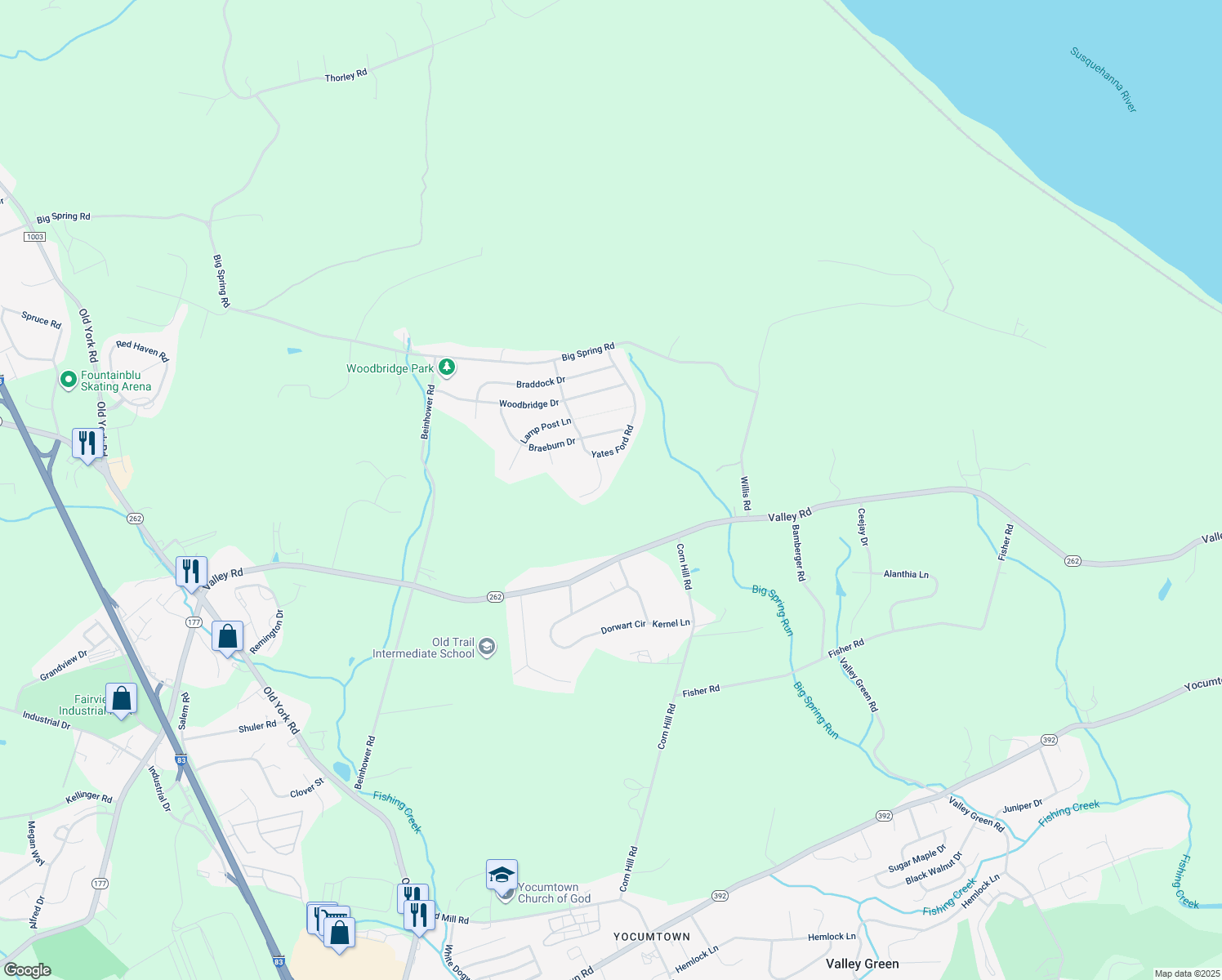 map of restaurants, bars, coffee shops, grocery stores, and more near 346 Spring Run Ct in Etters