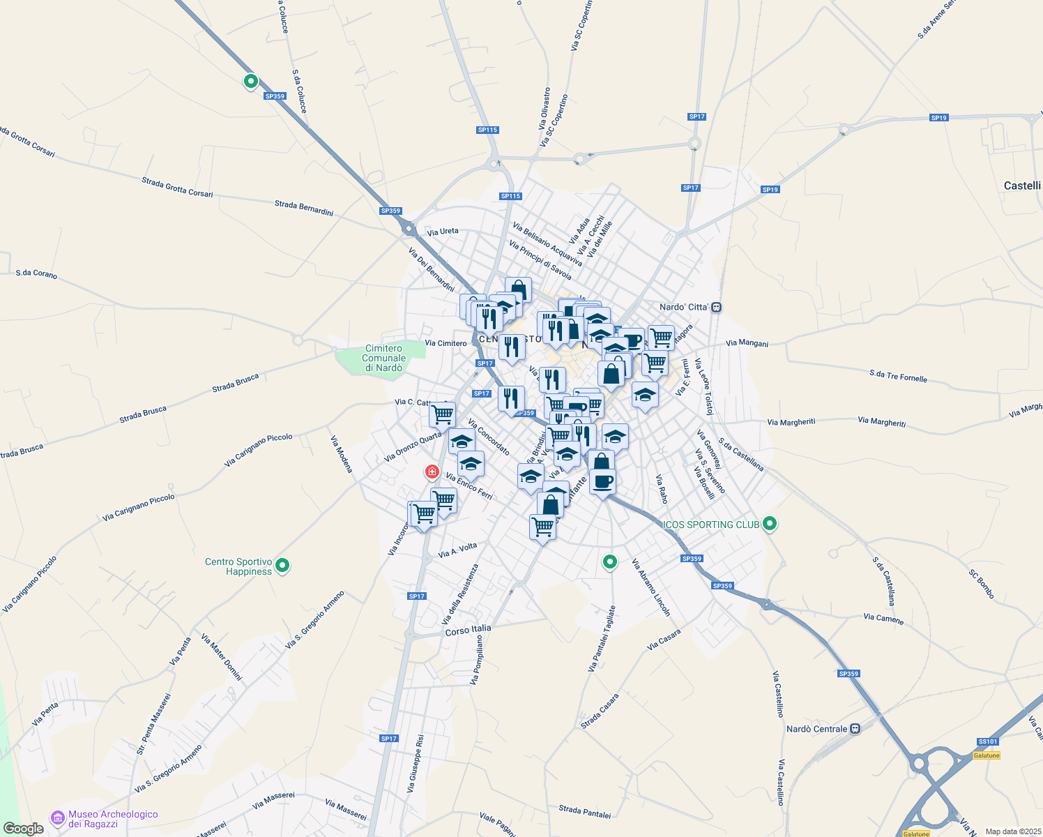 map of restaurants, bars, coffee shops, grocery stores, and more near in Nardò