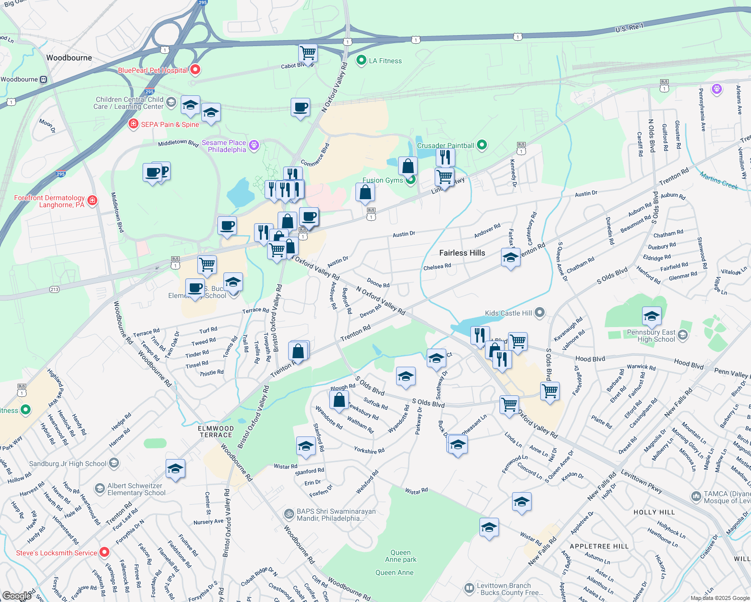map of restaurants, bars, coffee shops, grocery stores, and more near 207 North Oxford Valley Road in Fairless Hills