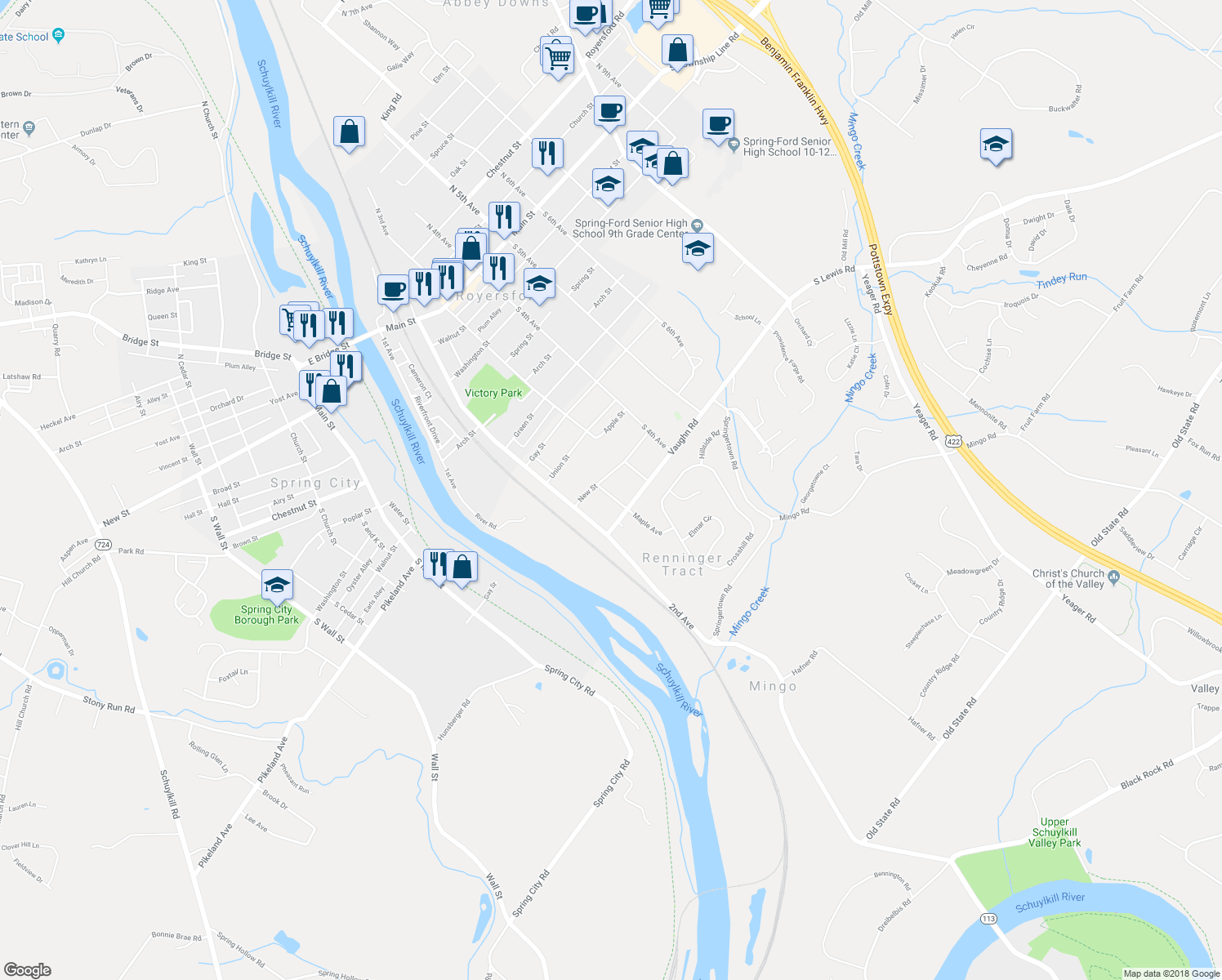 map of restaurants, bars, coffee shops, grocery stores, and more near 804 Maple Avenue in Royersford