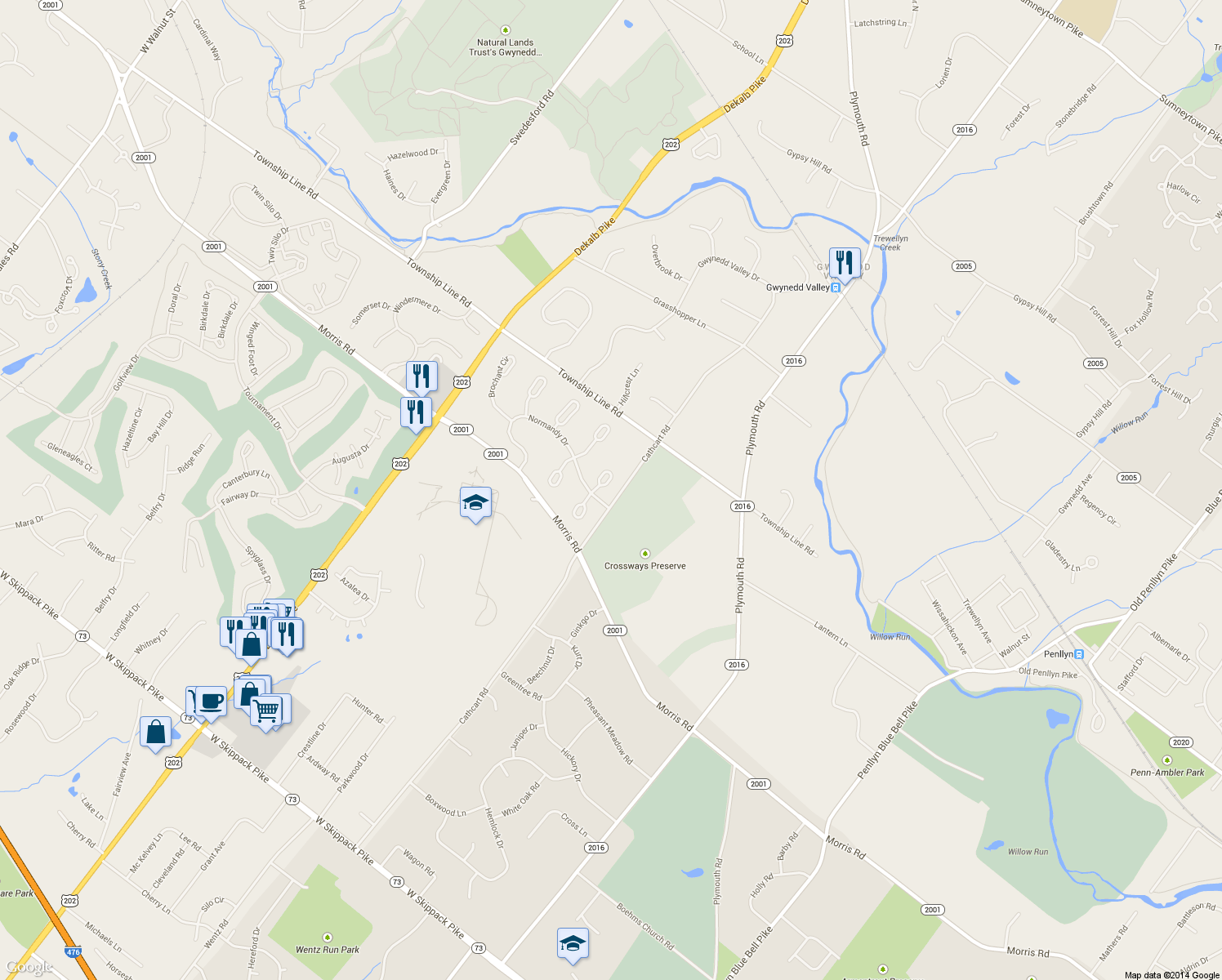 map of restaurants, bars, coffee shops, grocery stores, and more near 150 Cambronne Circle in Blue Bell
