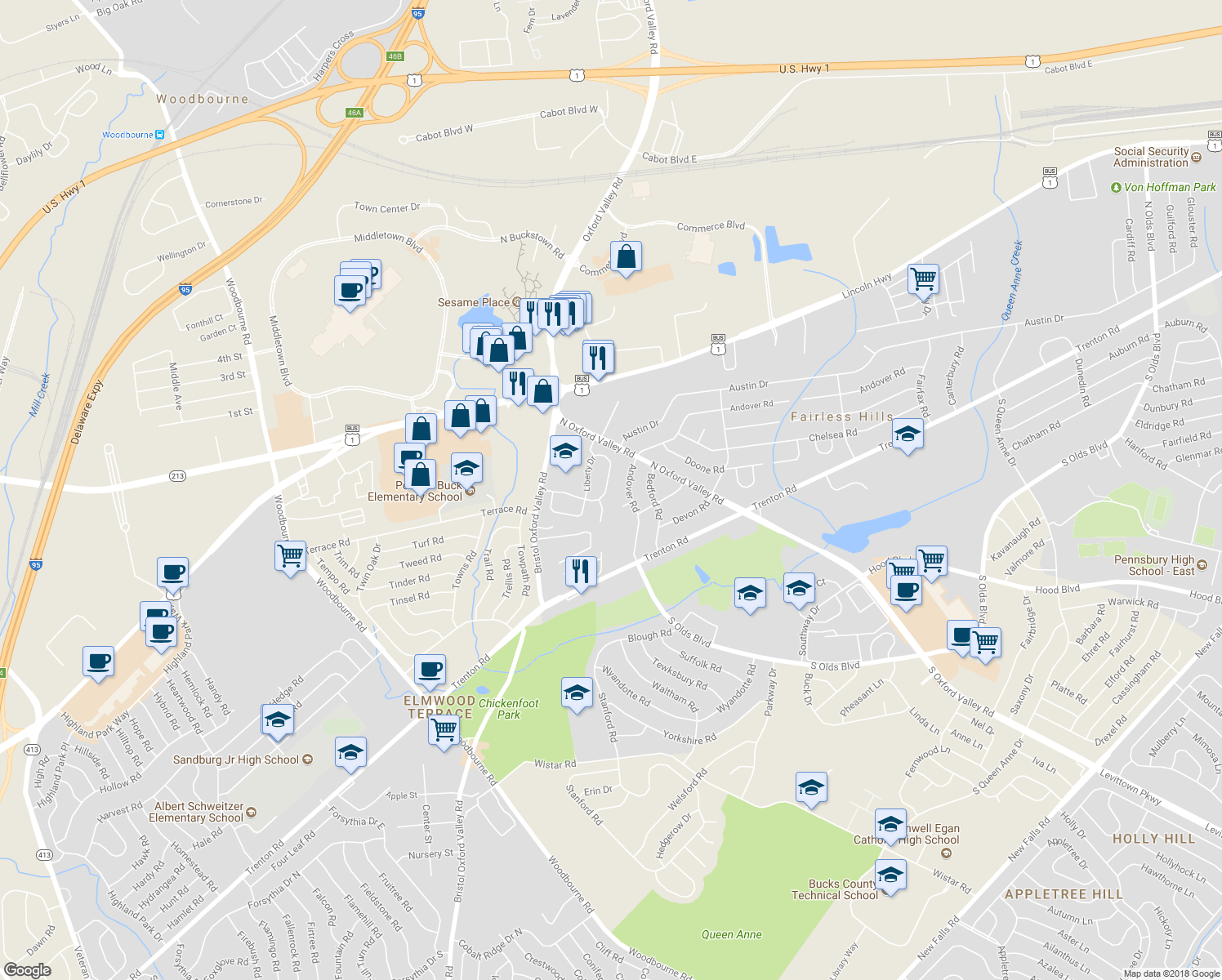 map of restaurants, bars, coffee shops, grocery stores, and more near 60 Liberty Drive in Langhorne