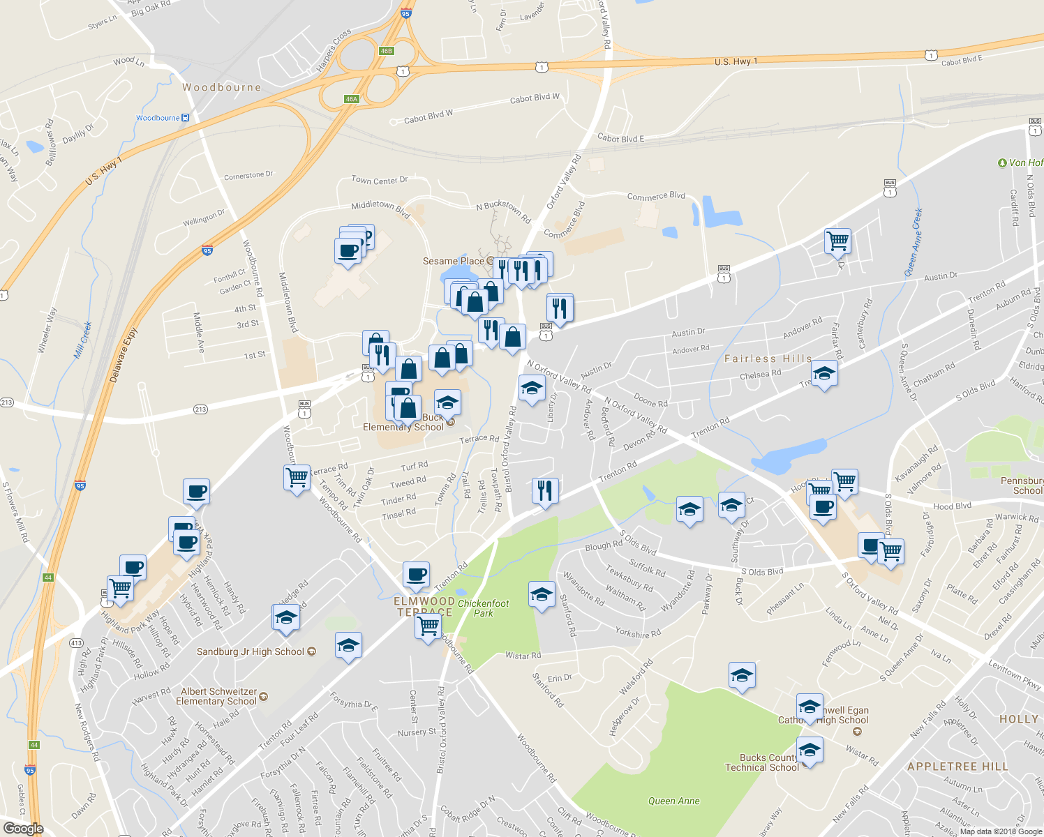 map of restaurants, bars, coffee shops, grocery stores, and more near 3 Liberty Drive in Langhorne