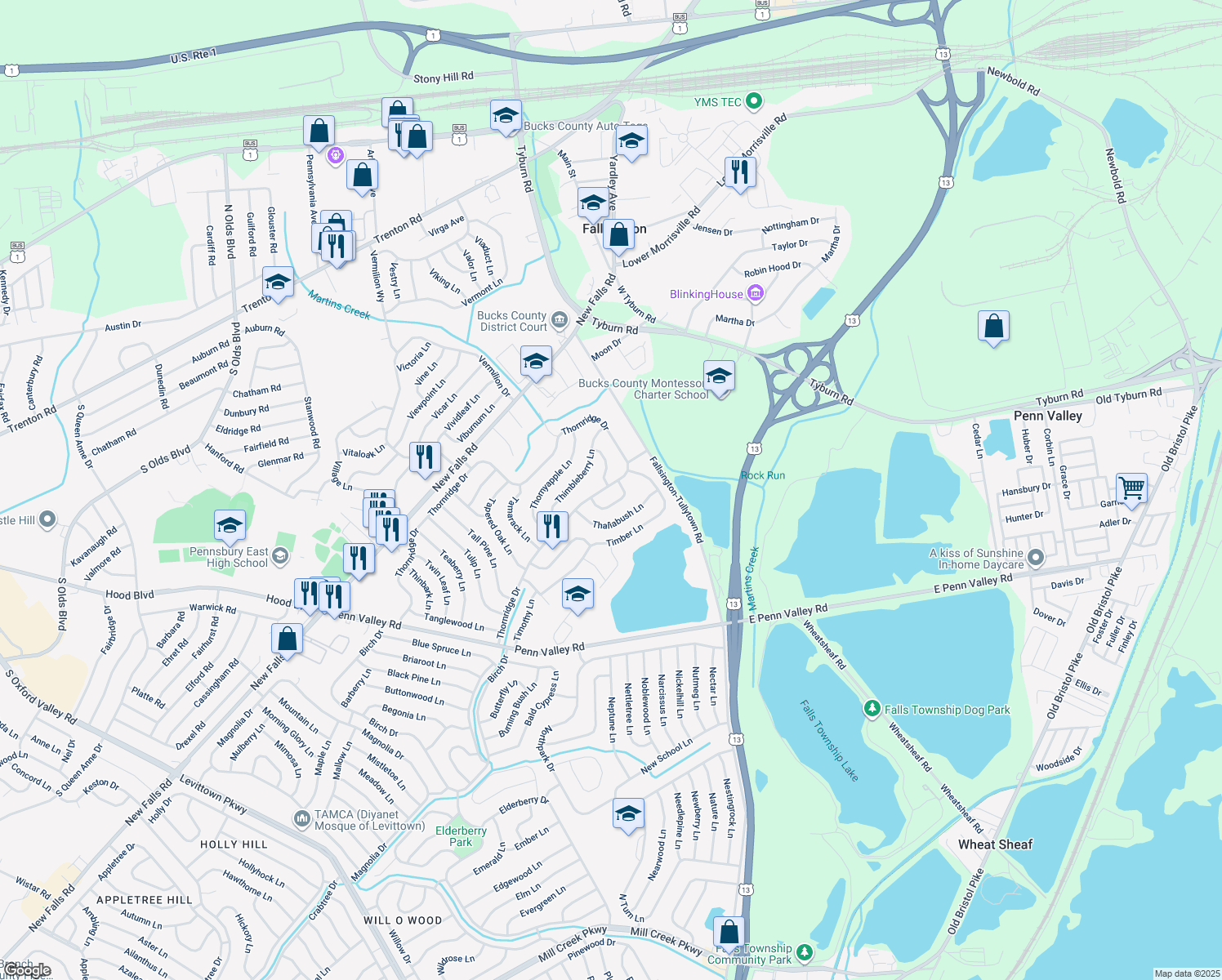 map of restaurants, bars, coffee shops, grocery stores, and more near 142 Thornridge Drive in Levittown