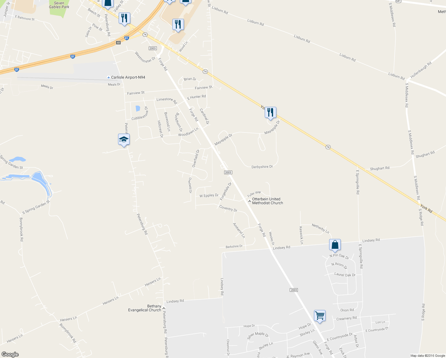 map of restaurants, bars, coffee shops, grocery stores, and more near 704 Forge Road in Carlisle