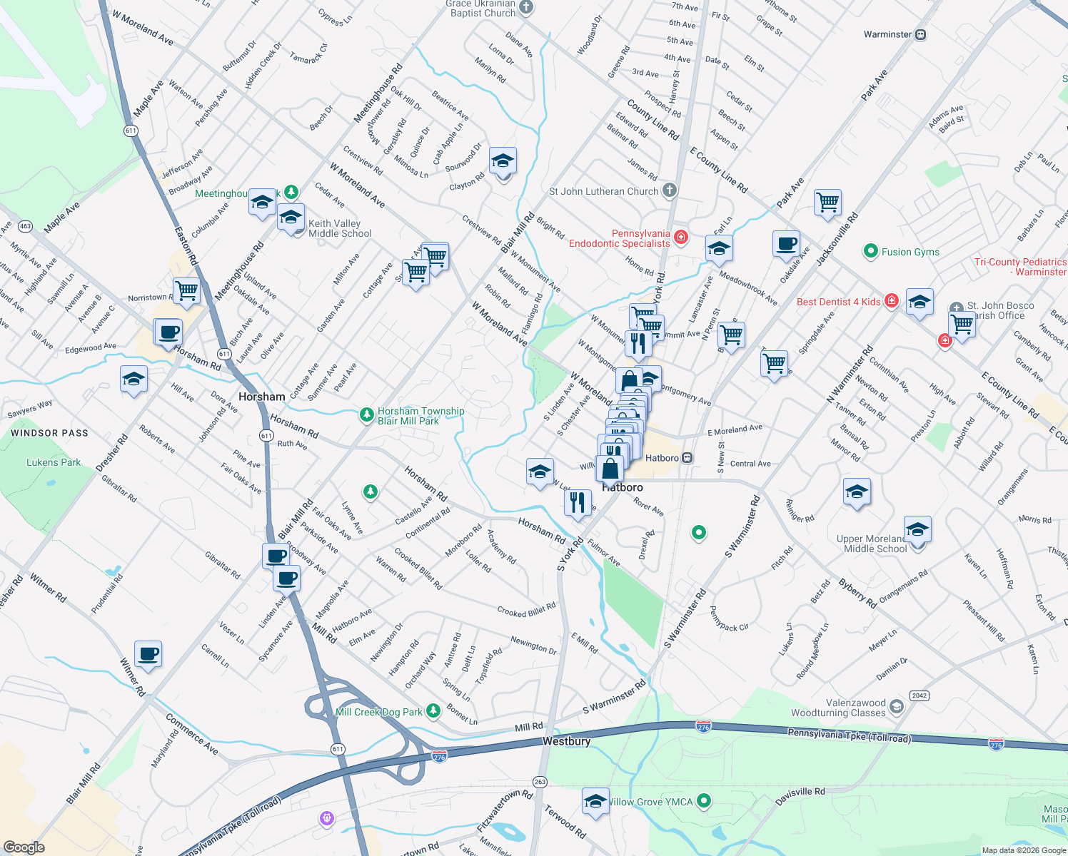 map of restaurants, bars, coffee shops, grocery stores, and more near 204 South Linden Avenue in Hatboro