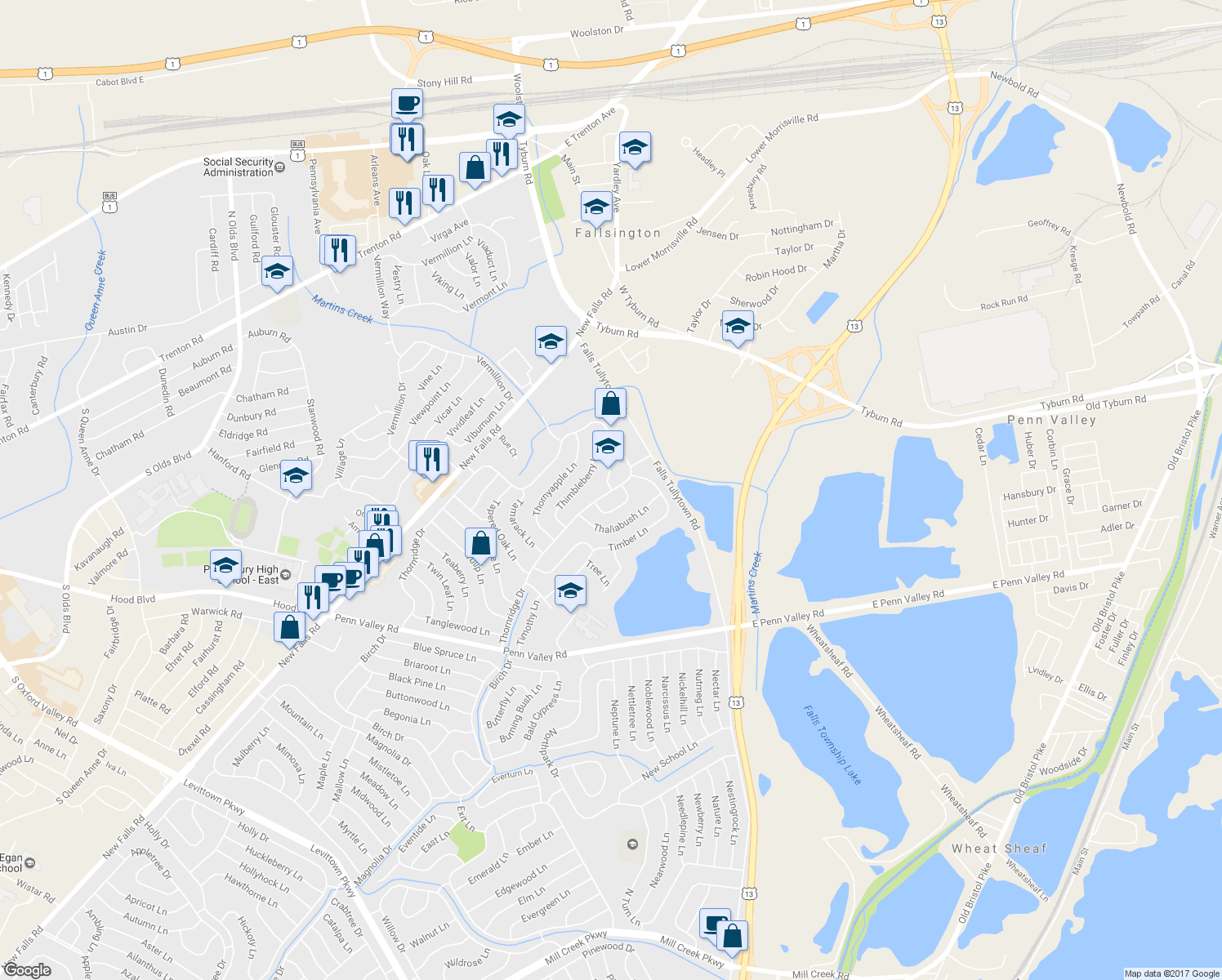 map of restaurants, bars, coffee shops, grocery stores, and more near 2 Turn Hill Lane in Levittown
