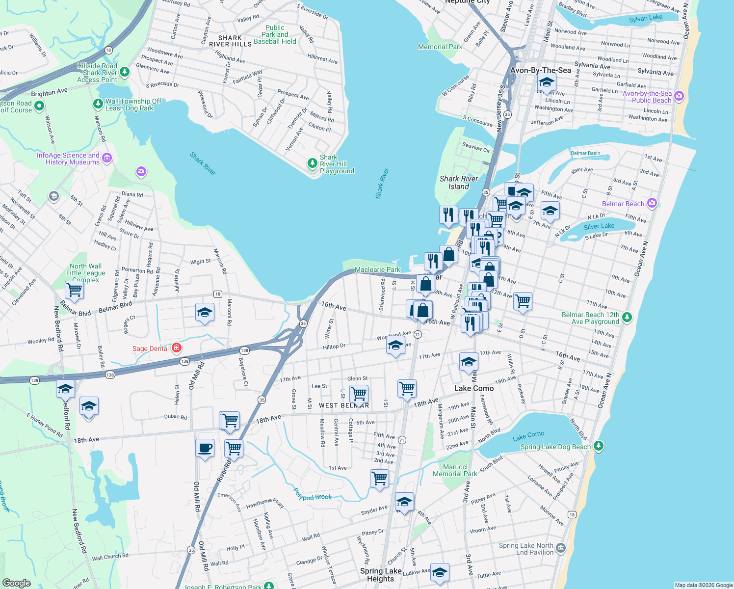 map of restaurants, bars, coffee shops, grocery stores, and more near 1232 Pine Tree Way in Belmar