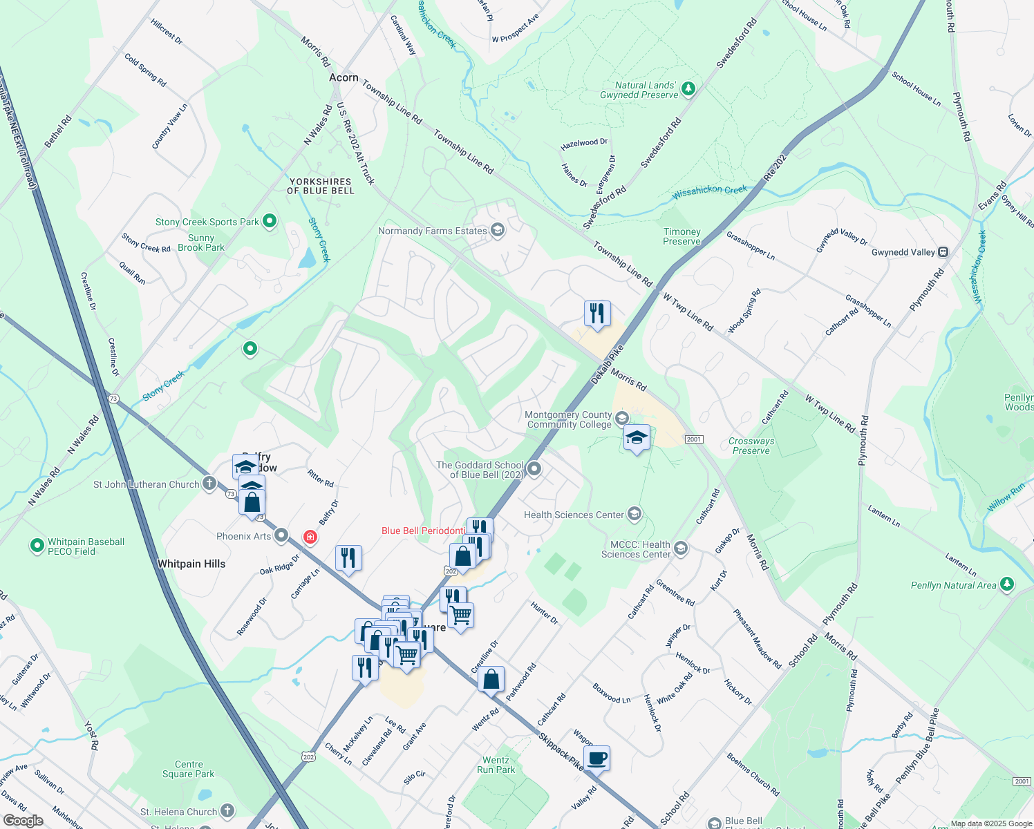map of restaurants, bars, coffee shops, grocery stores, and more near 204 Pebble Beach Place in Blue Bell