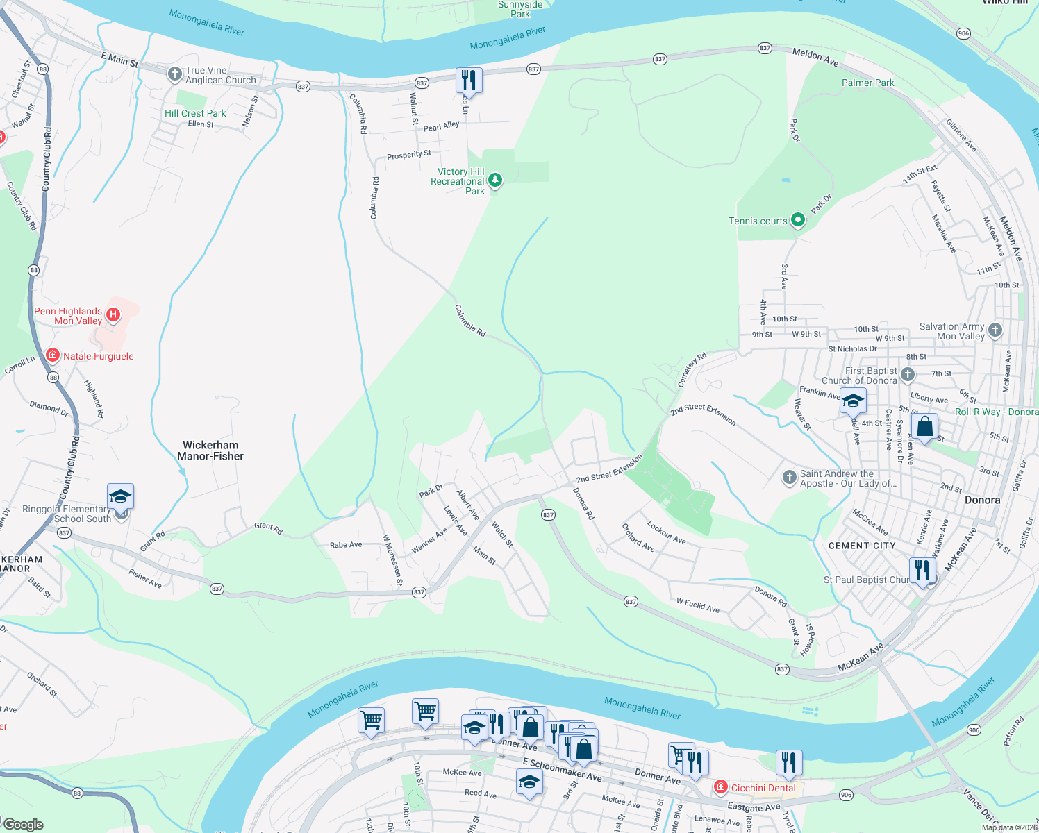 map of restaurants, bars, coffee shops, grocery stores, and more near 41 Columbia Road in Monongahela