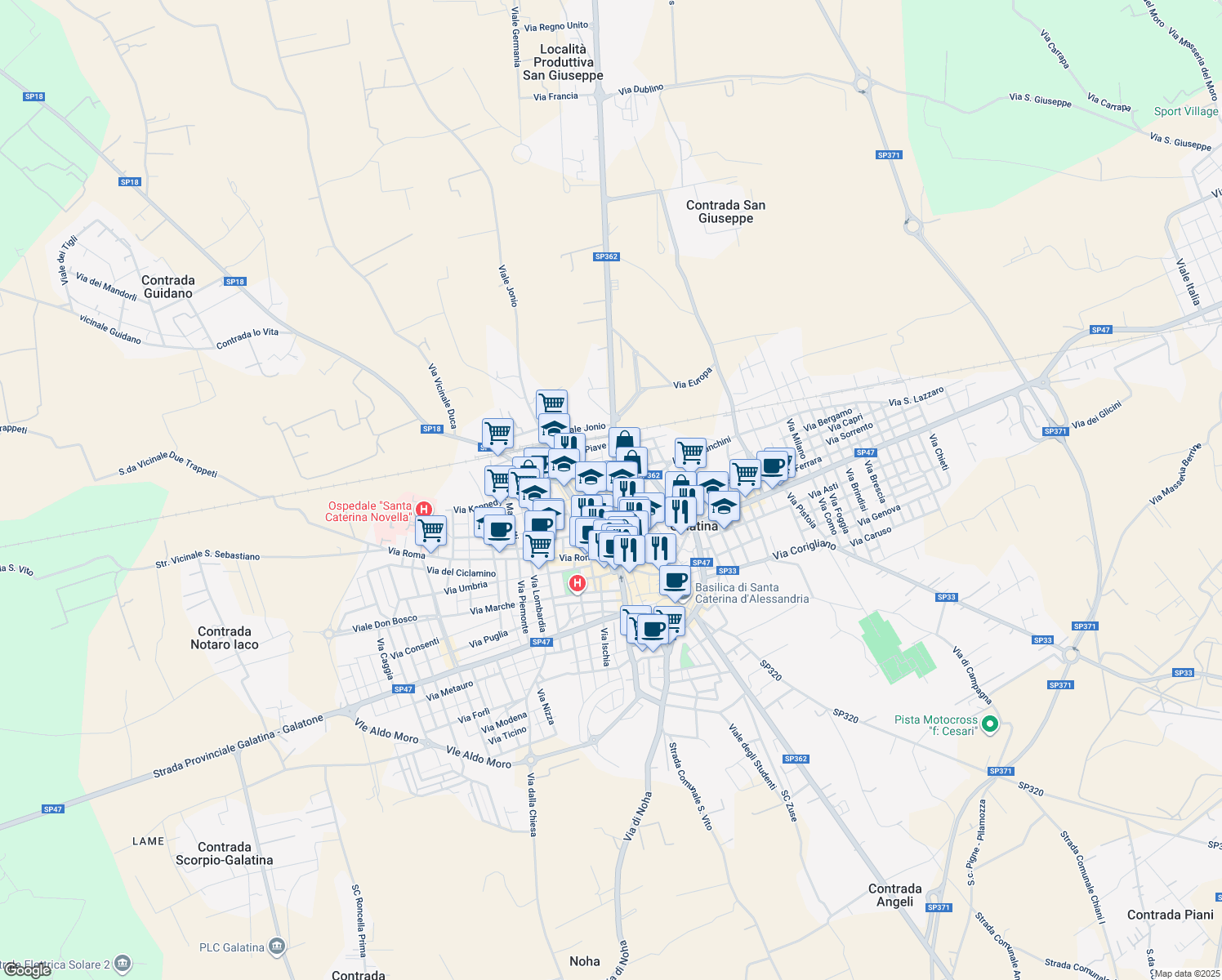 map of restaurants, bars, coffee shops, grocery stores, and more near 10 Via San Rocco in Galatina