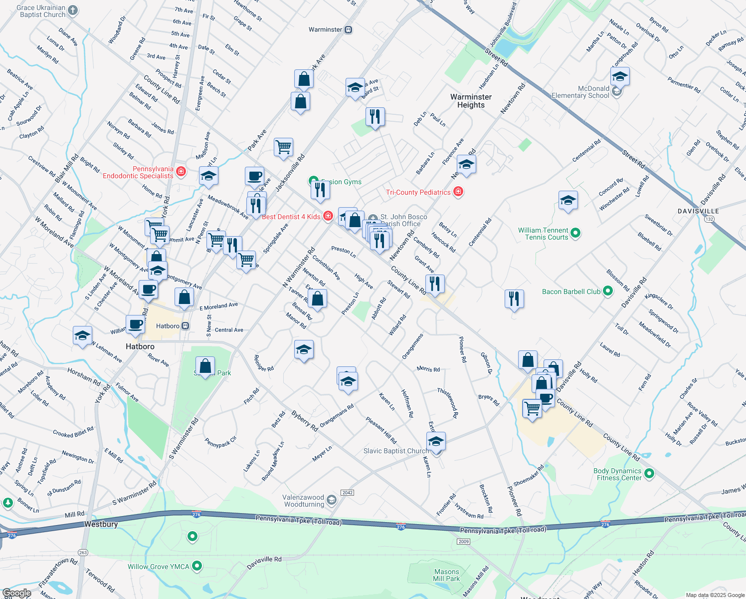 map of restaurants, bars, coffee shops, grocery stores, and more near 607 High Ave in Hatboro