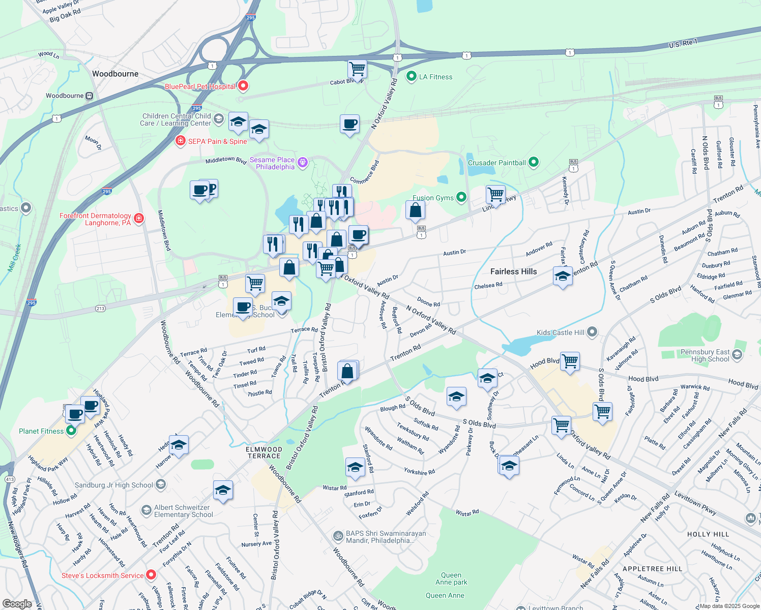 map of restaurants, bars, coffee shops, grocery stores, and more near 171 Andover Road in Fairless Hills