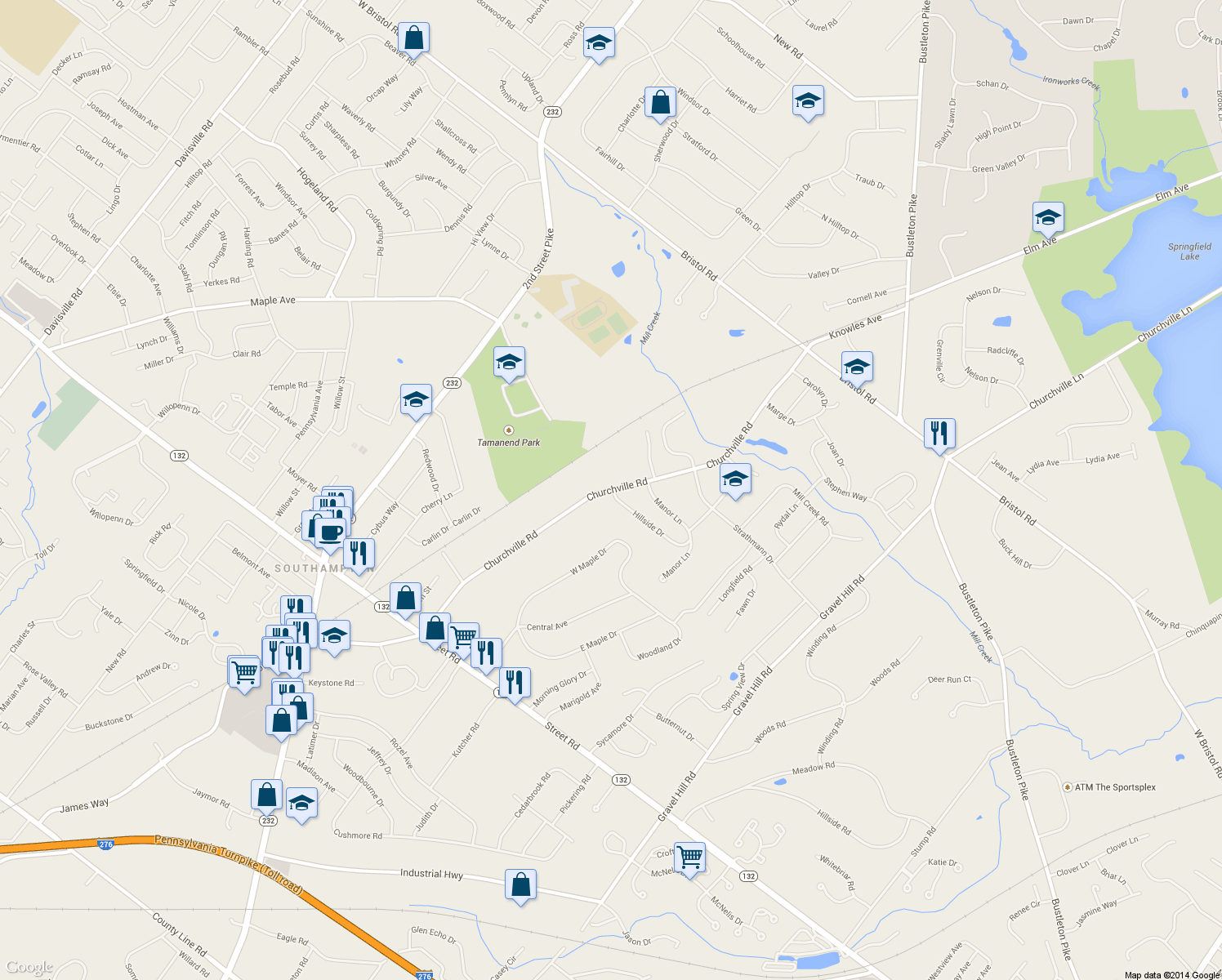 map of restaurants, bars, coffee shops, grocery stores, and more near 1160 Churchville Road in Southampton