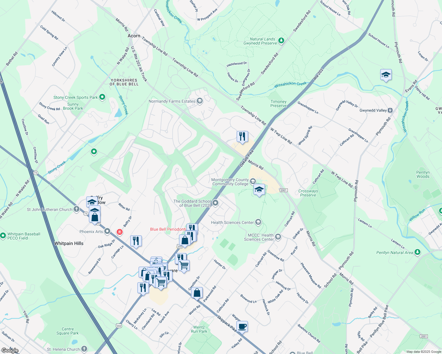 map of restaurants, bars, coffee shops, grocery stores, and more near 205 Olympic Club Court in Blue Bell