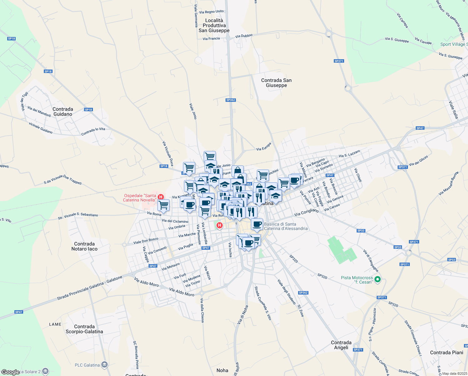 map of restaurants, bars, coffee shops, grocery stores, and more near 10 Via San Rocco in Galatina