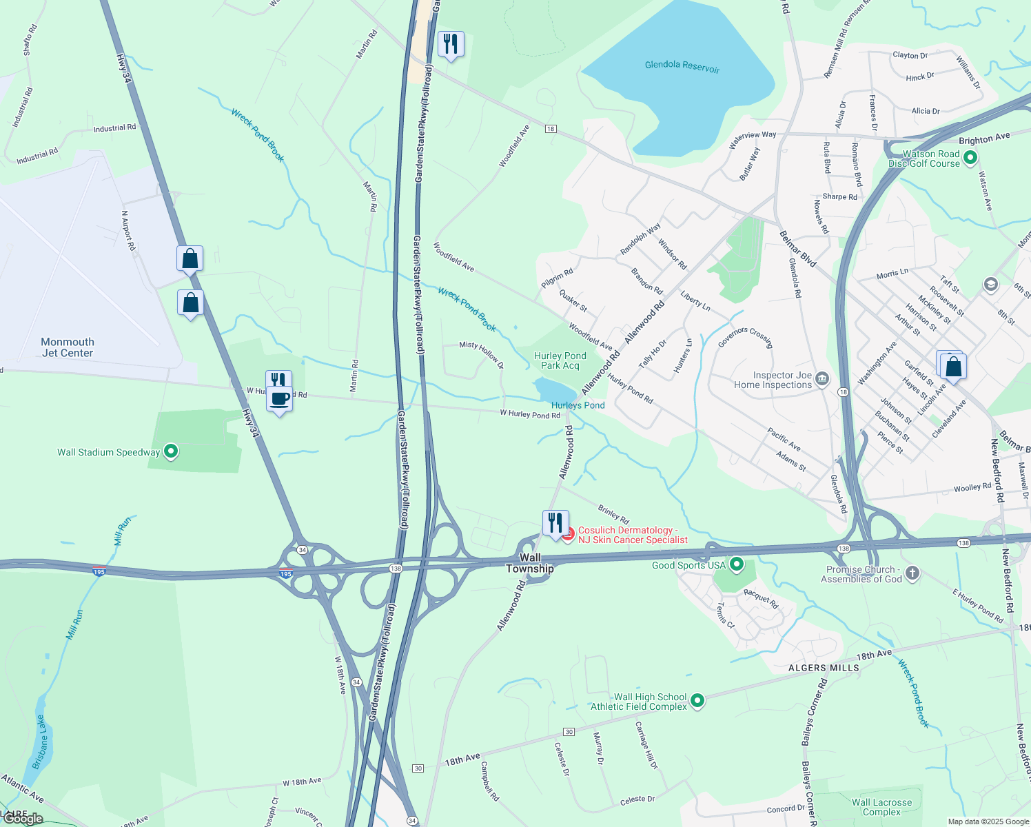 map of restaurants, bars, coffee shops, grocery stores, and more near 3418 West Hurley Pond Road in Wall Township