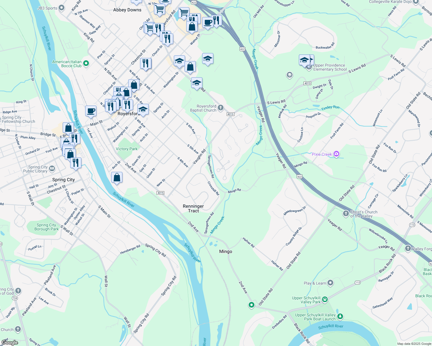 map of restaurants, bars, coffee shops, grocery stores, and more near 80 Roboda Boulevard in Royersford