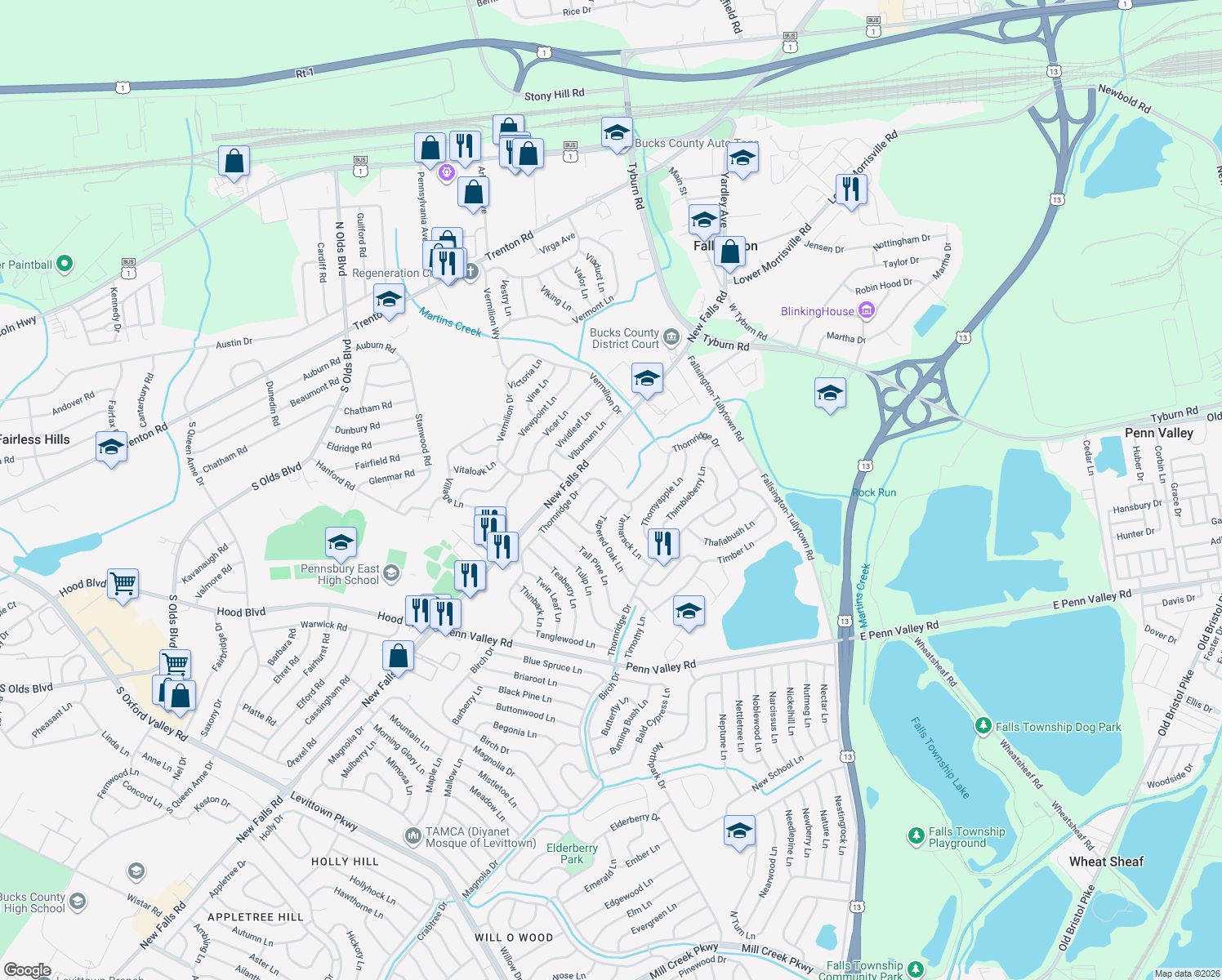 map of restaurants, bars, coffee shops, grocery stores, and more near 300 Thornridge Drive in Levittown