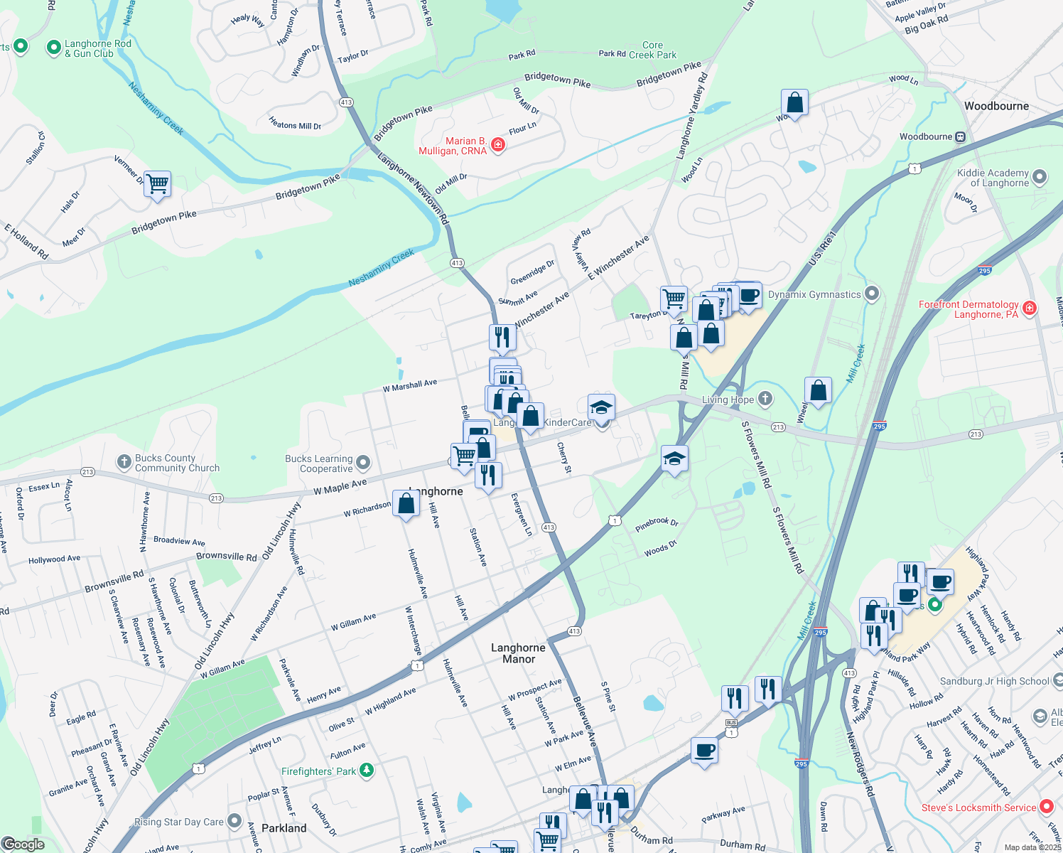 map of restaurants, bars, coffee shops, grocery stores, and more near 118 National Avenue in Langhorne