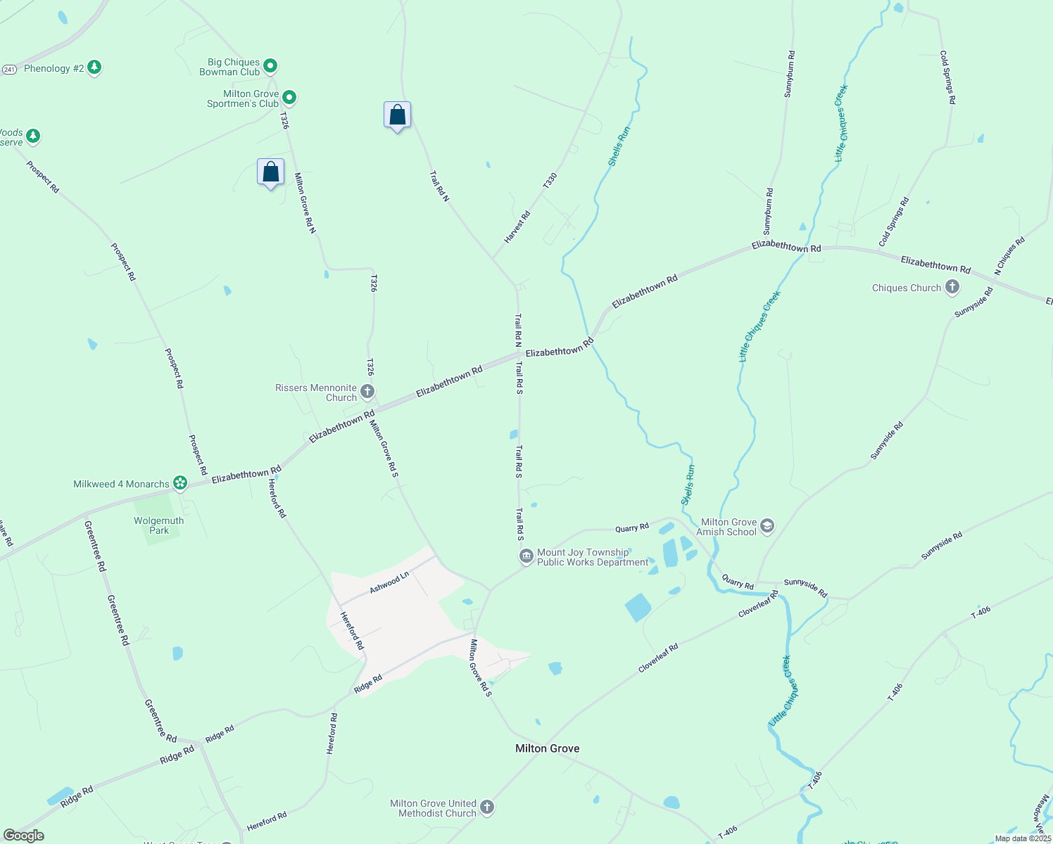 map of restaurants, bars, coffee shops, grocery stores, and more near 111 Trail Rd S in Elizabethtown