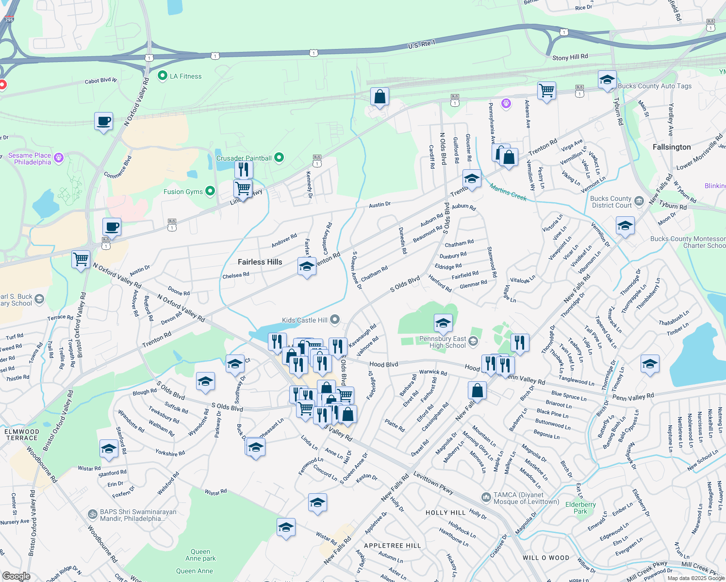map of restaurants, bars, coffee shops, grocery stores, and more near 128 South Queen Anne Drive in Fairless Hills