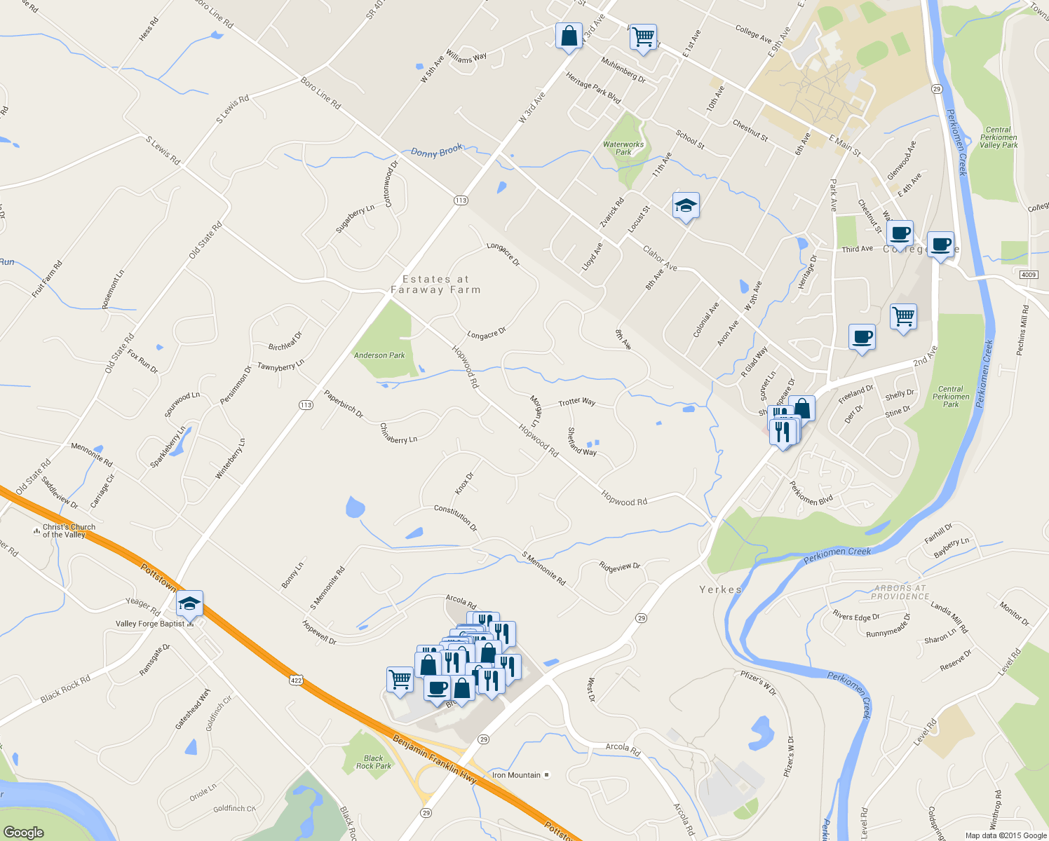 map of restaurants, bars, coffee shops, grocery stores, and more near 1856 Morgan Lane in Collegeville