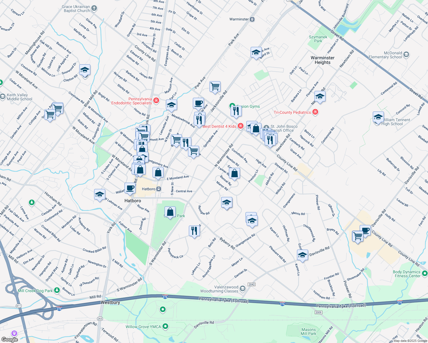 map of restaurants, bars, coffee shops, grocery stores, and more near 112 N Warminster Rd in Hatboro