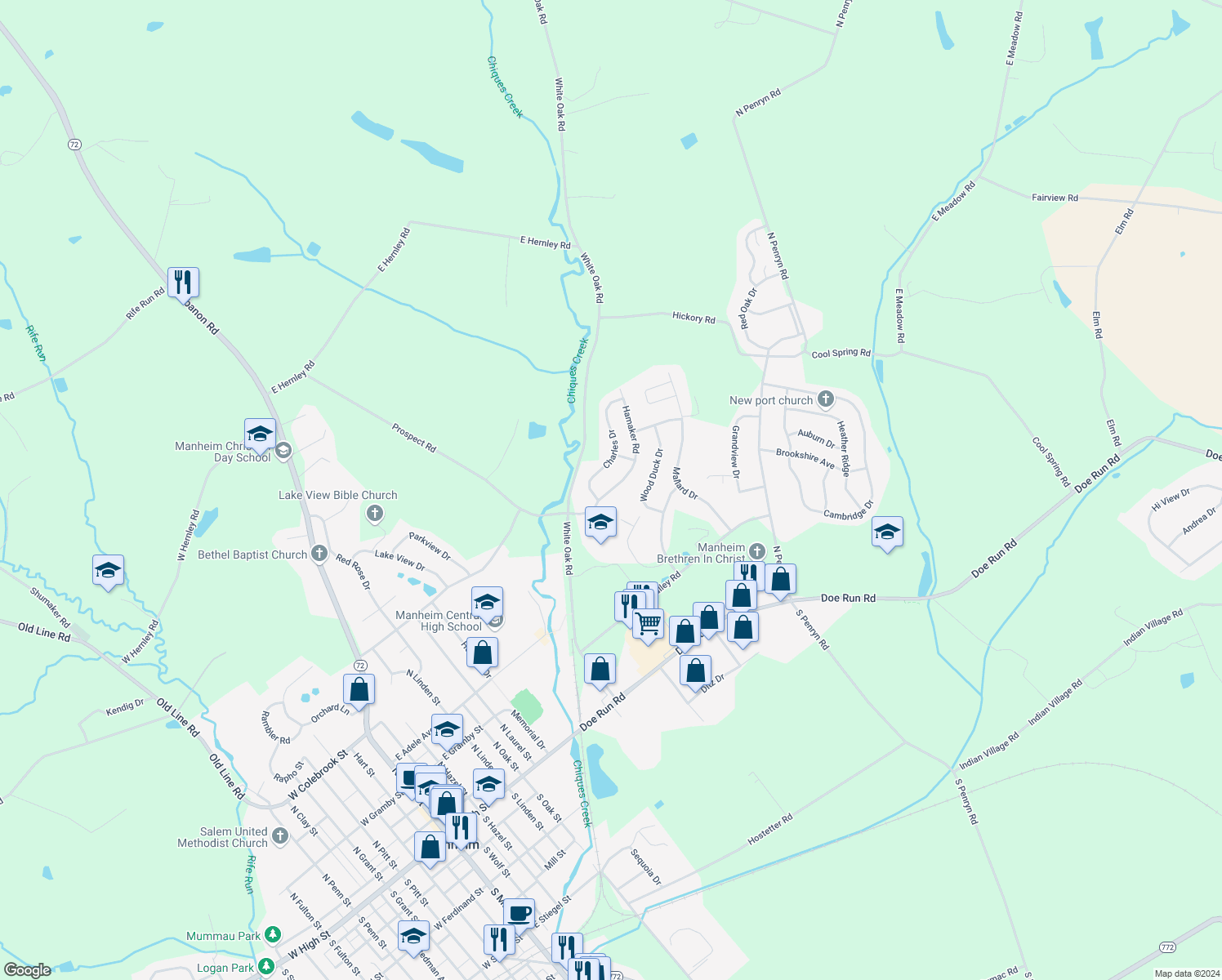 map of restaurants, bars, coffee shops, grocery stores, and more near 669 Hamaker Road in Manheim