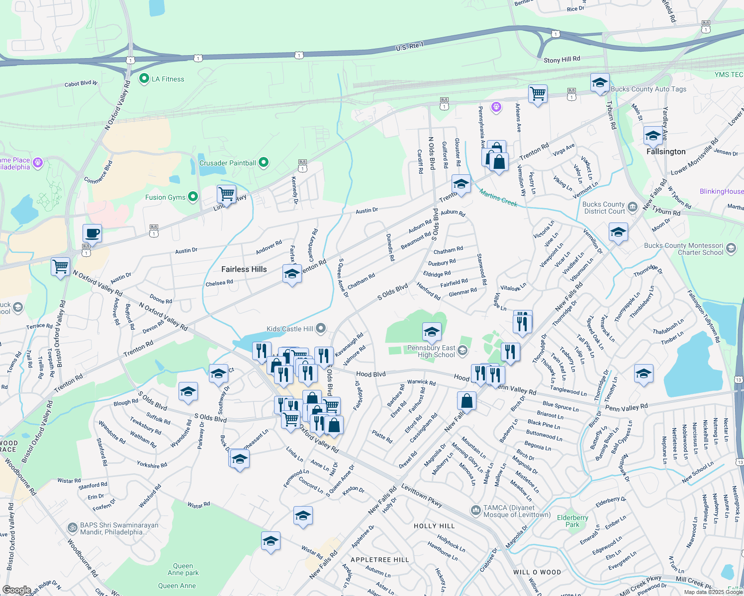 map of restaurants, bars, coffee shops, grocery stores, and more near 611 South Olds Boulevard in Fairless Hills