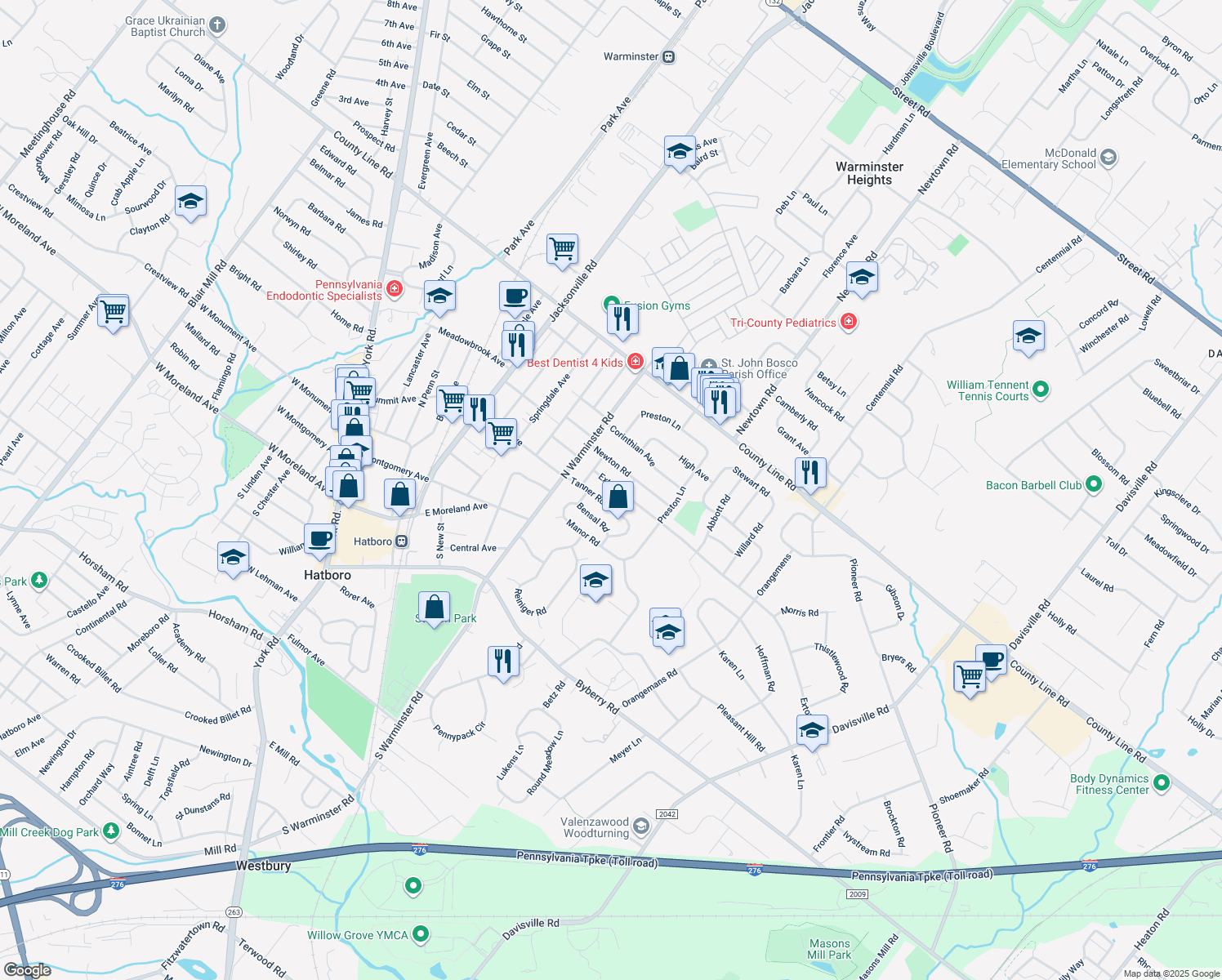 map of restaurants, bars, coffee shops, grocery stores, and more near 410 Exton Road in Hatboro