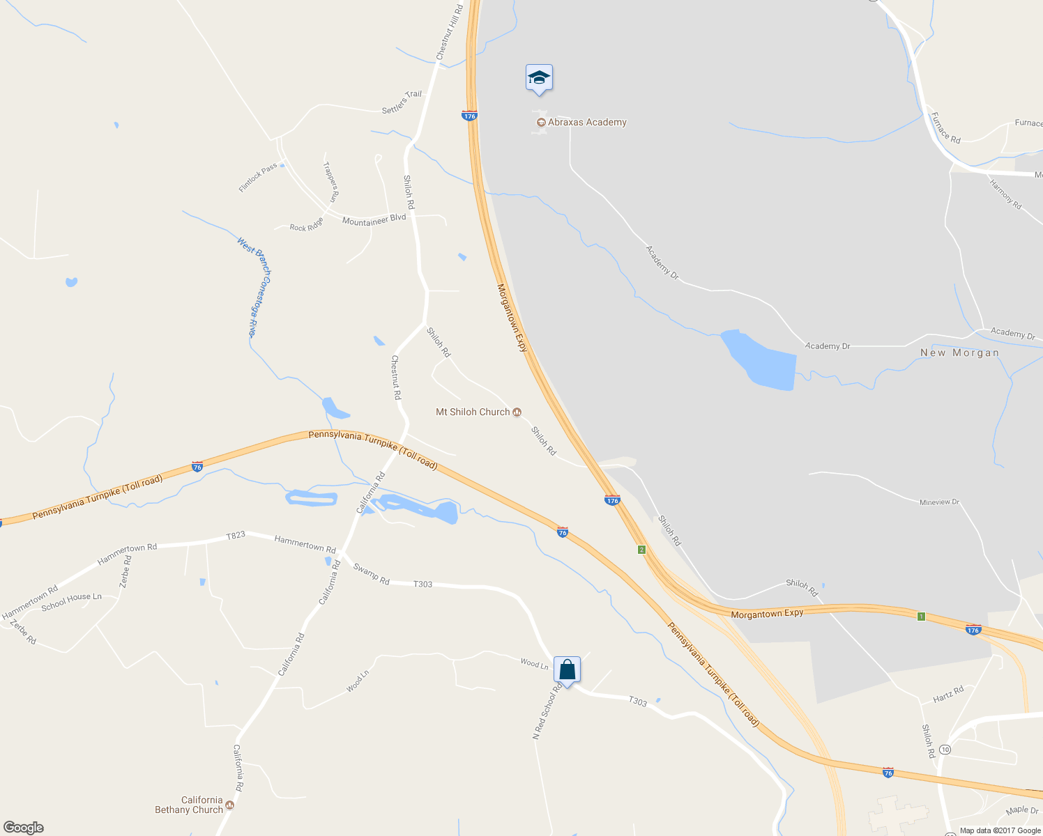 map of restaurants, bars, coffee shops, grocery stores, and more near 1050 Shiloh Road in Morgantown