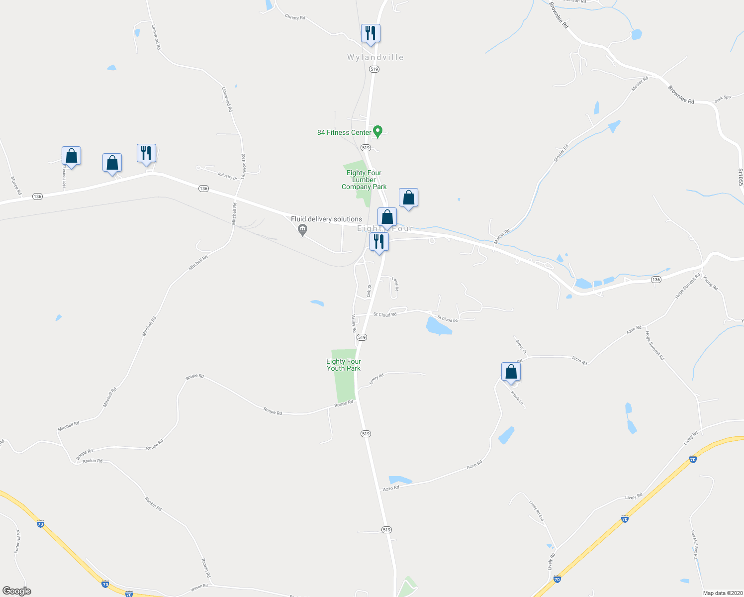 map of restaurants, bars, coffee shops, grocery stores, and more near 9 Oak Street in Eighty Four