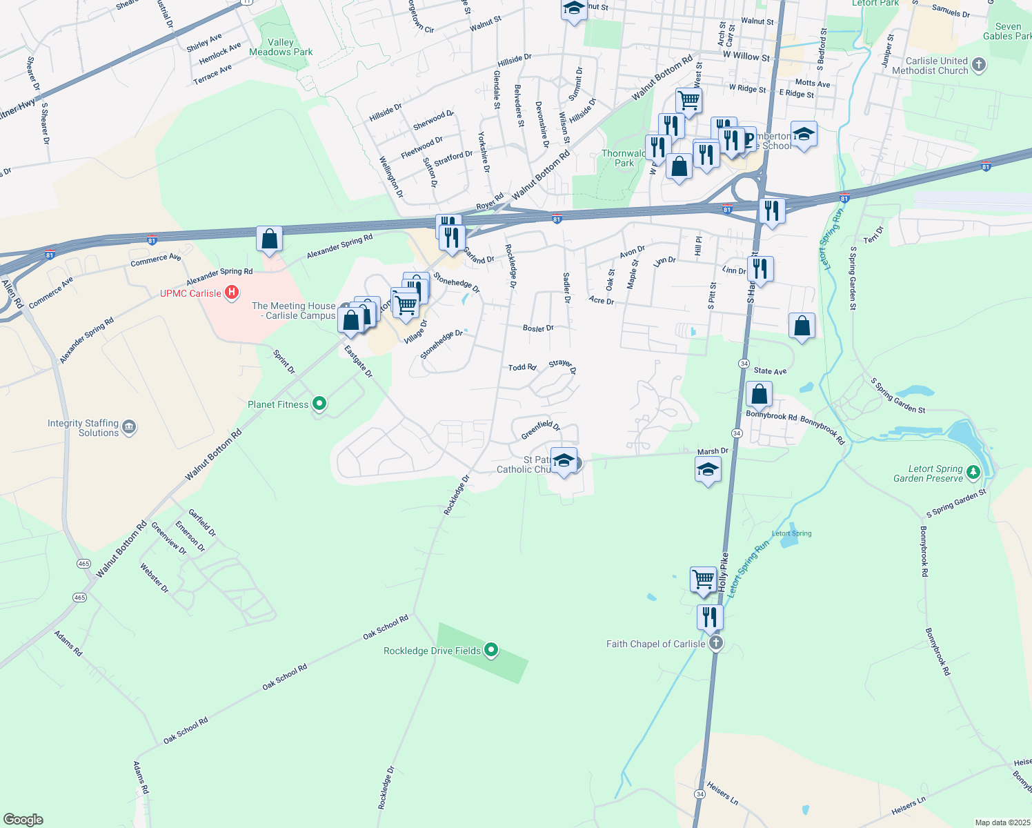 map of restaurants, bars, coffee shops, grocery stores, and more near 34 Tunbridge Lane in Carlisle