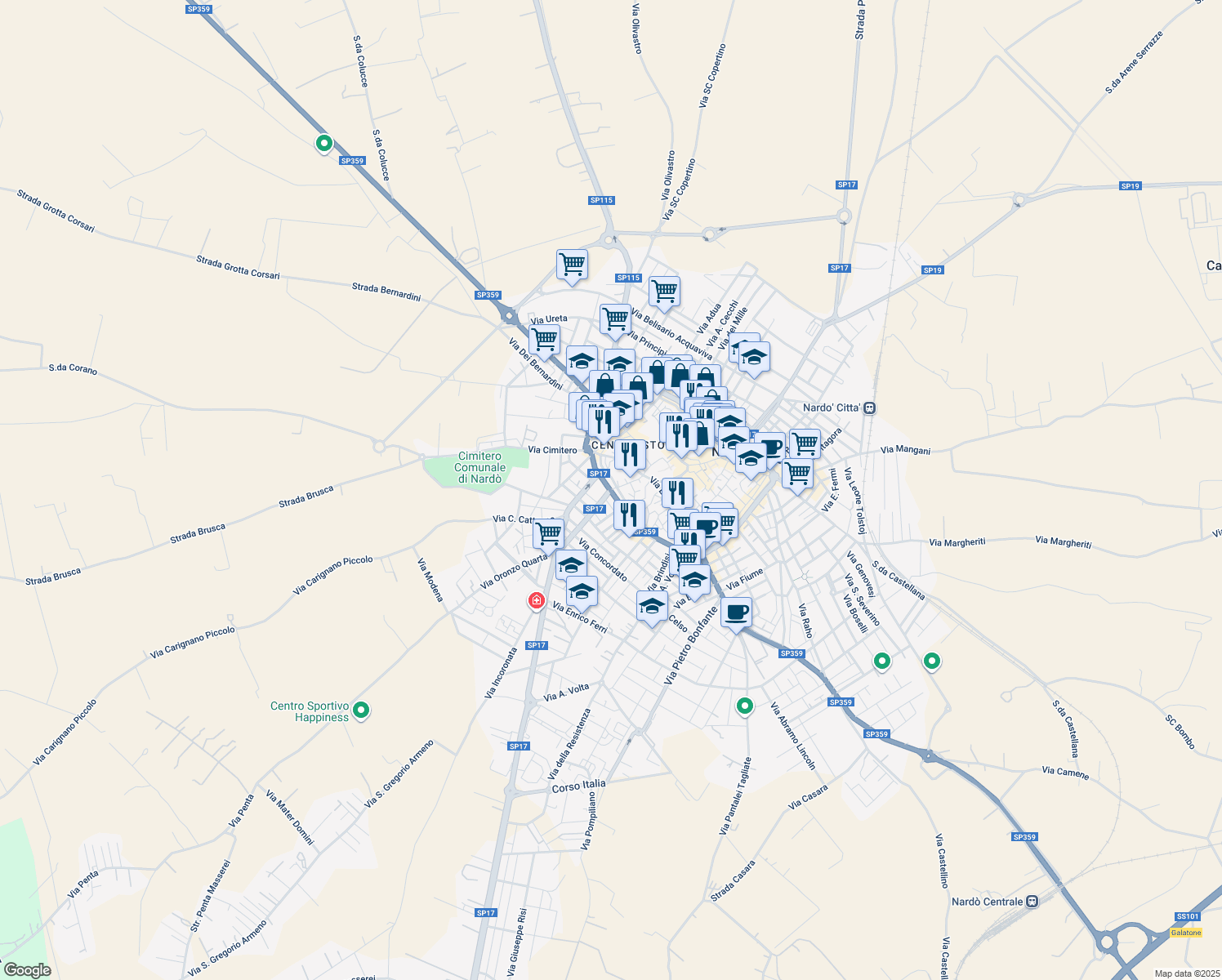 map of restaurants, bars, coffee shops, grocery stores, and more near 52 Via Pozzoloianni in Nardò