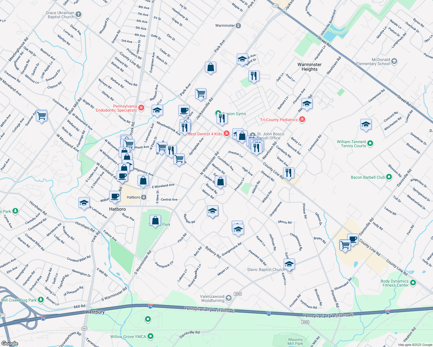 map of restaurants, bars, coffee shops, grocery stores, and more near 405 Exton Road in Hatboro