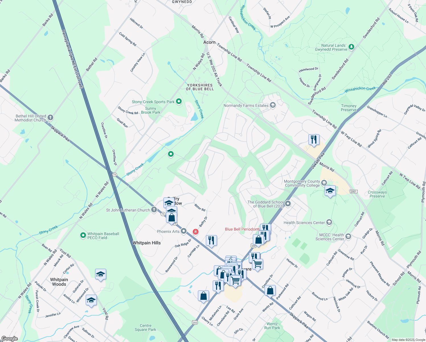 map of restaurants, bars, coffee shops, grocery stores, and more near 138 Bay Hill Drive in Blue Bell